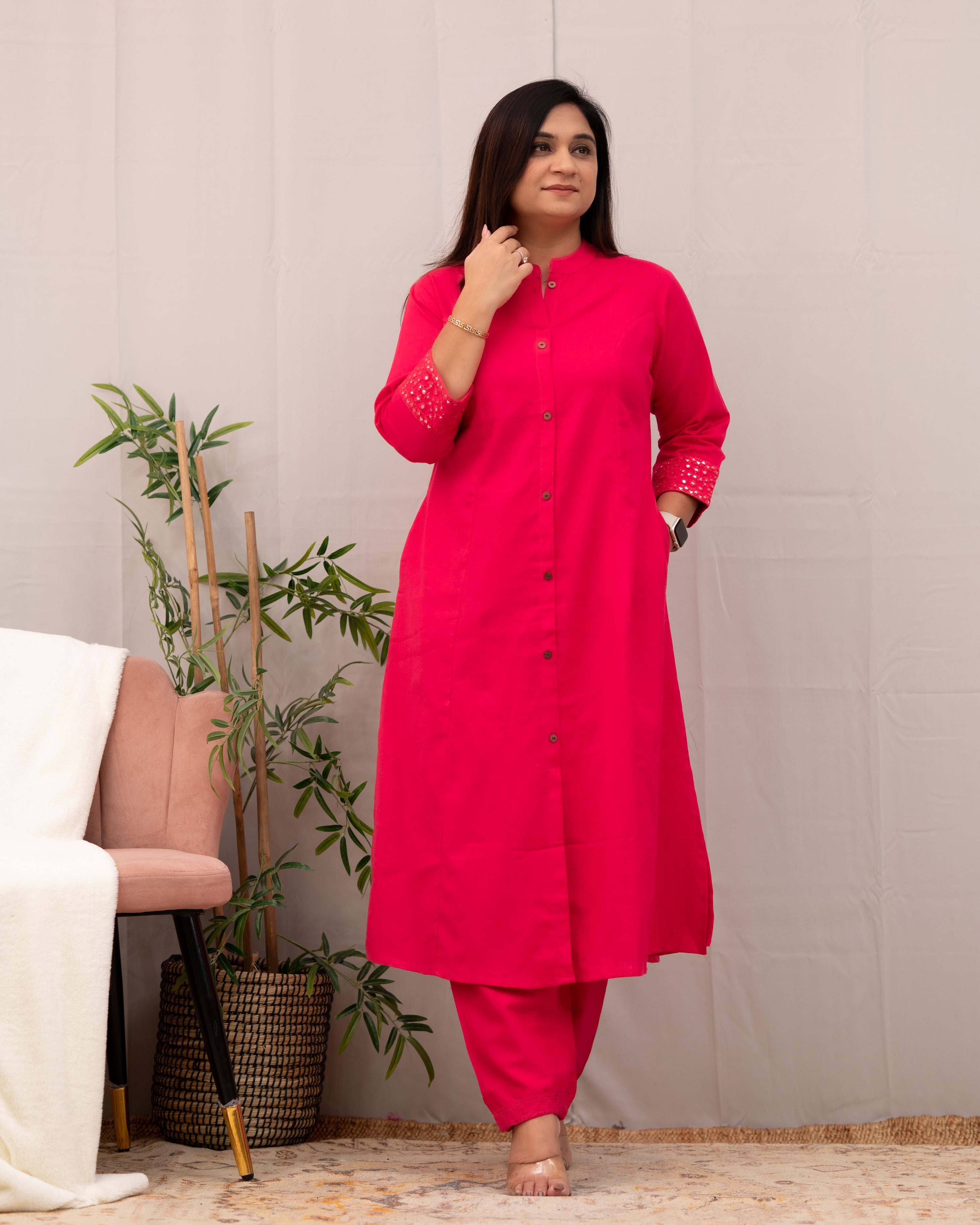 Raveena A-line Embroidered  Cotton casual Pant Set - The Jaipur Studio