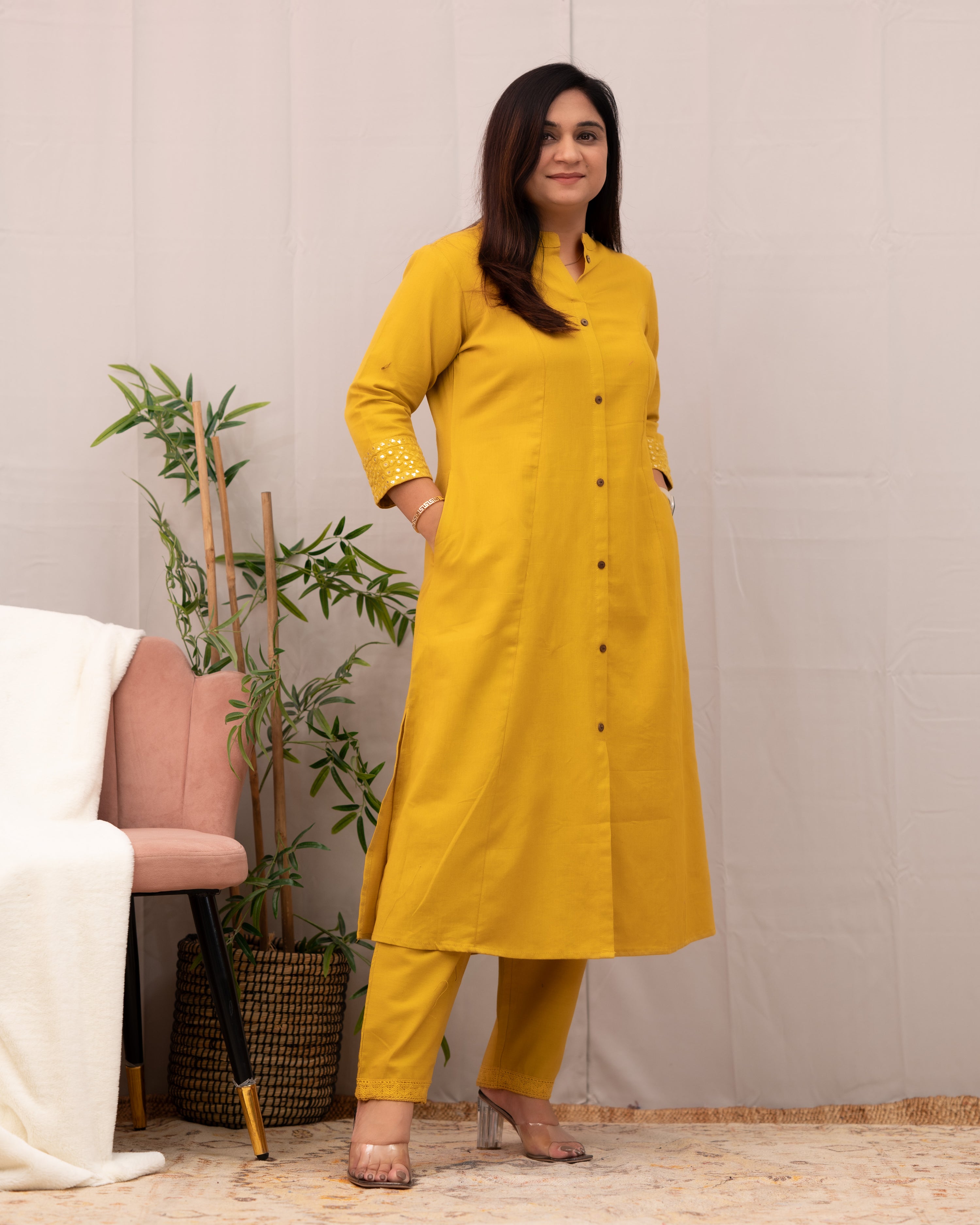 Raveena A-line Embroidered  Cotton casual Pant Set - The Jaipur Studio