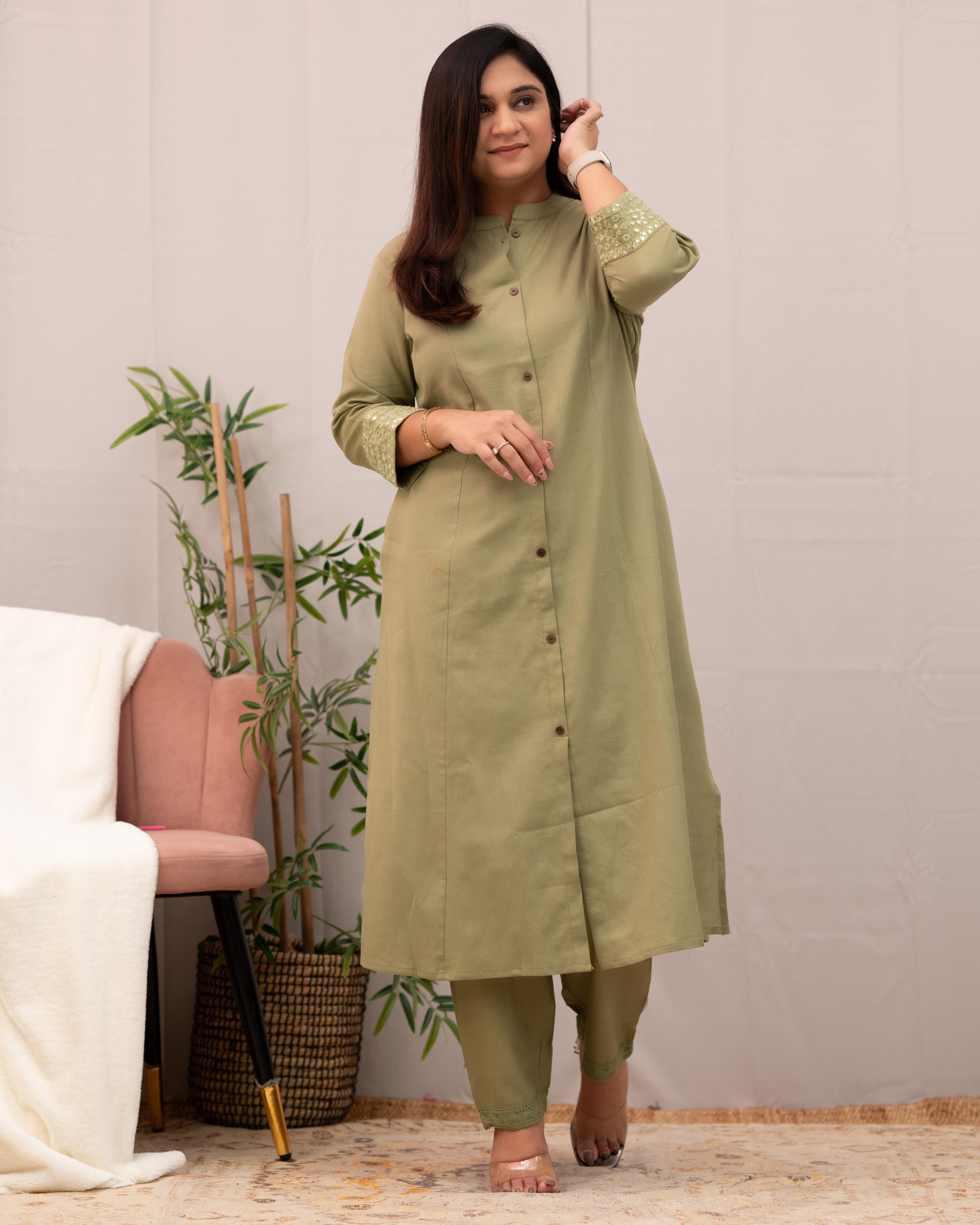 Raveena A-line Embroidered  Cotton casual Pant Set - The Jaipur Studio