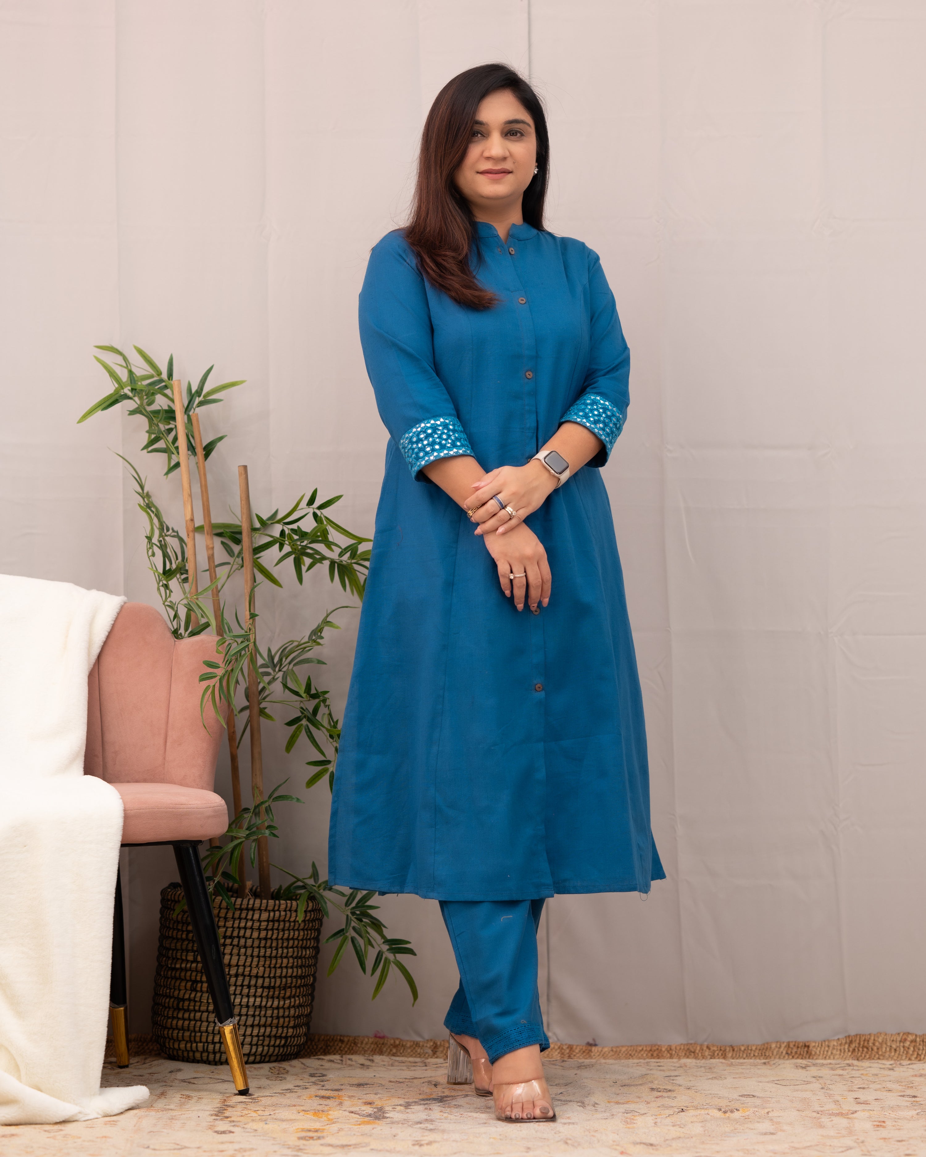 Raveena A-line Embroidered  Cotton casual Pant Set - The Jaipur Studio