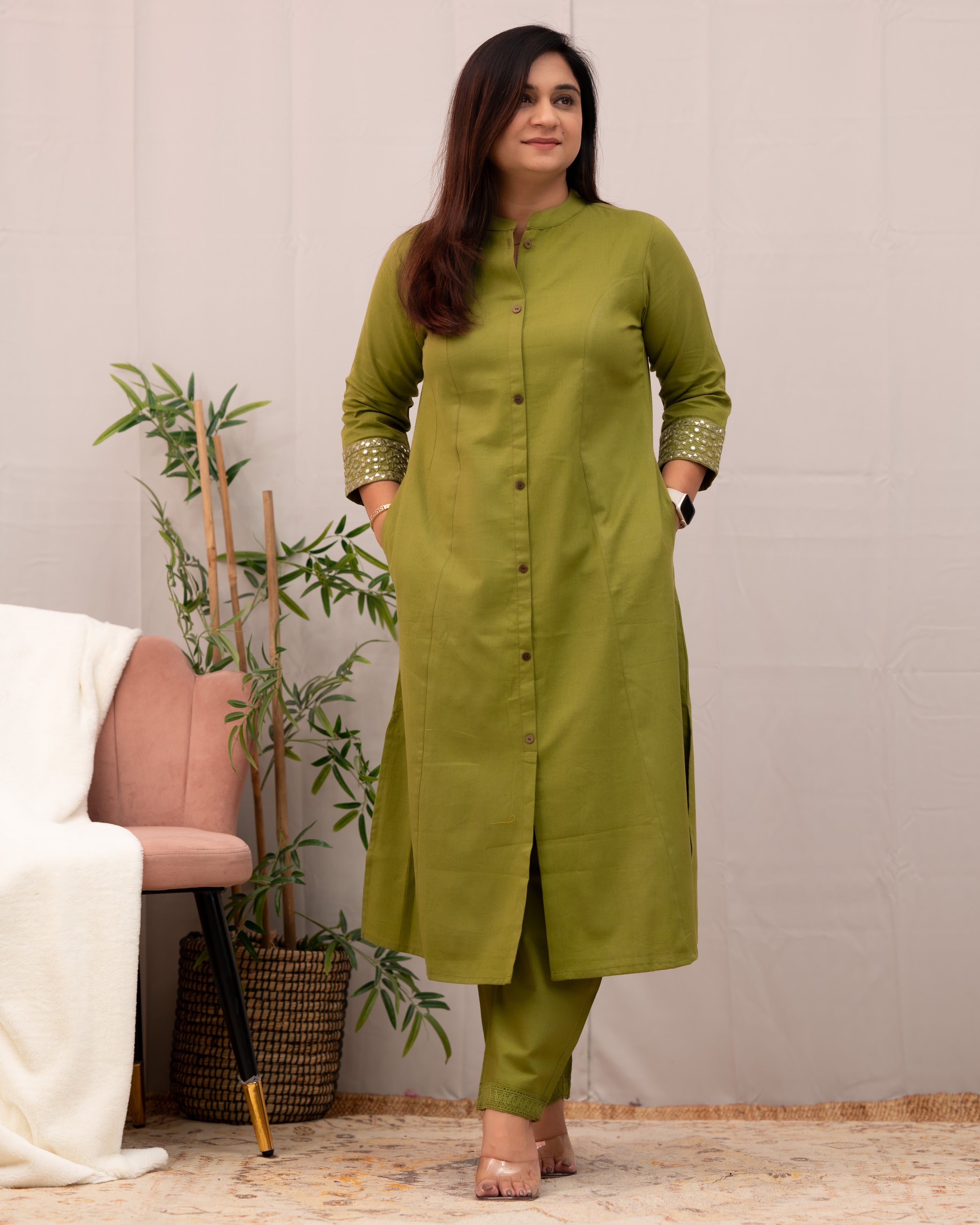 Raveena A-line Embroidered  Cotton casual Pant Set - The Jaipur Studio