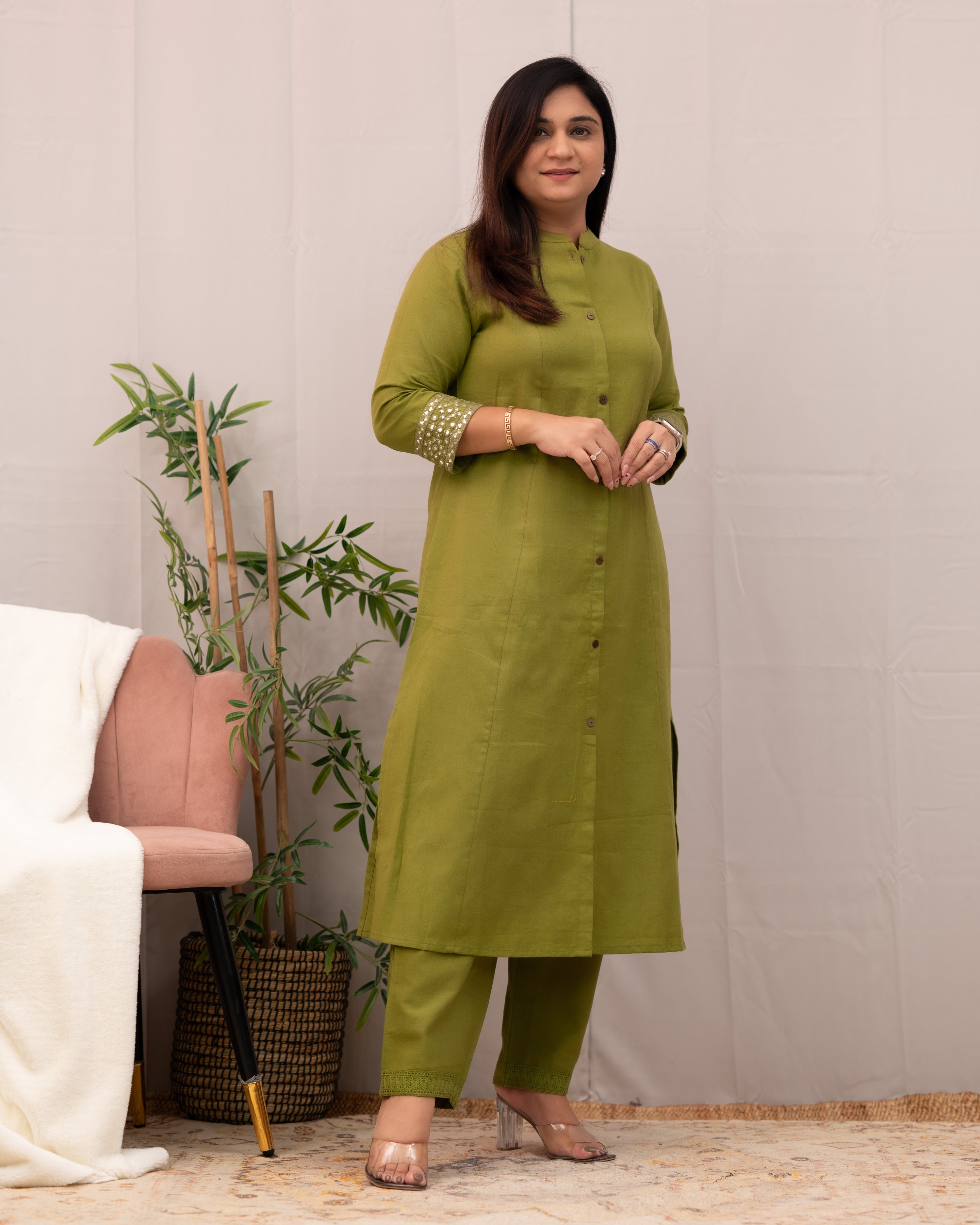 Raveena A-line Embroidered  Cotton casual Pant Set - The Jaipur Studio