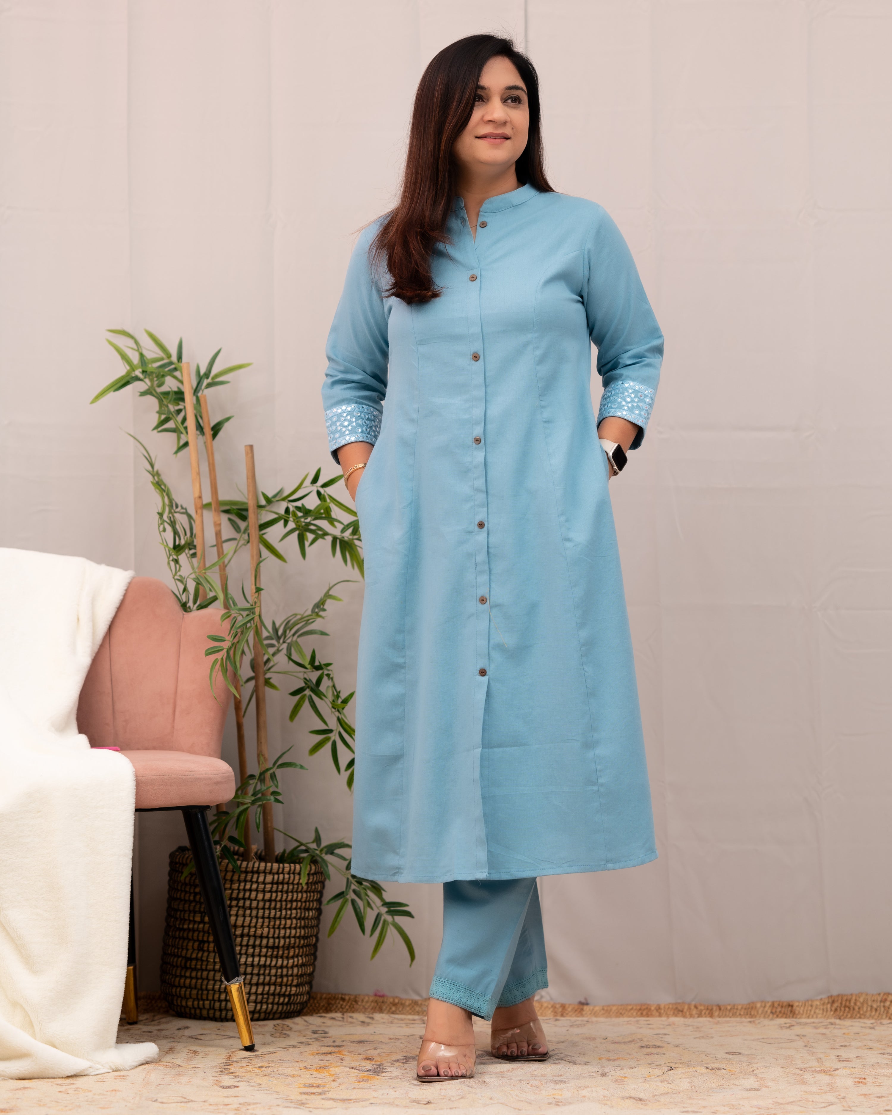 Raveena A-line Embroidered  Cotton casual Pant Set - The Jaipur Studio