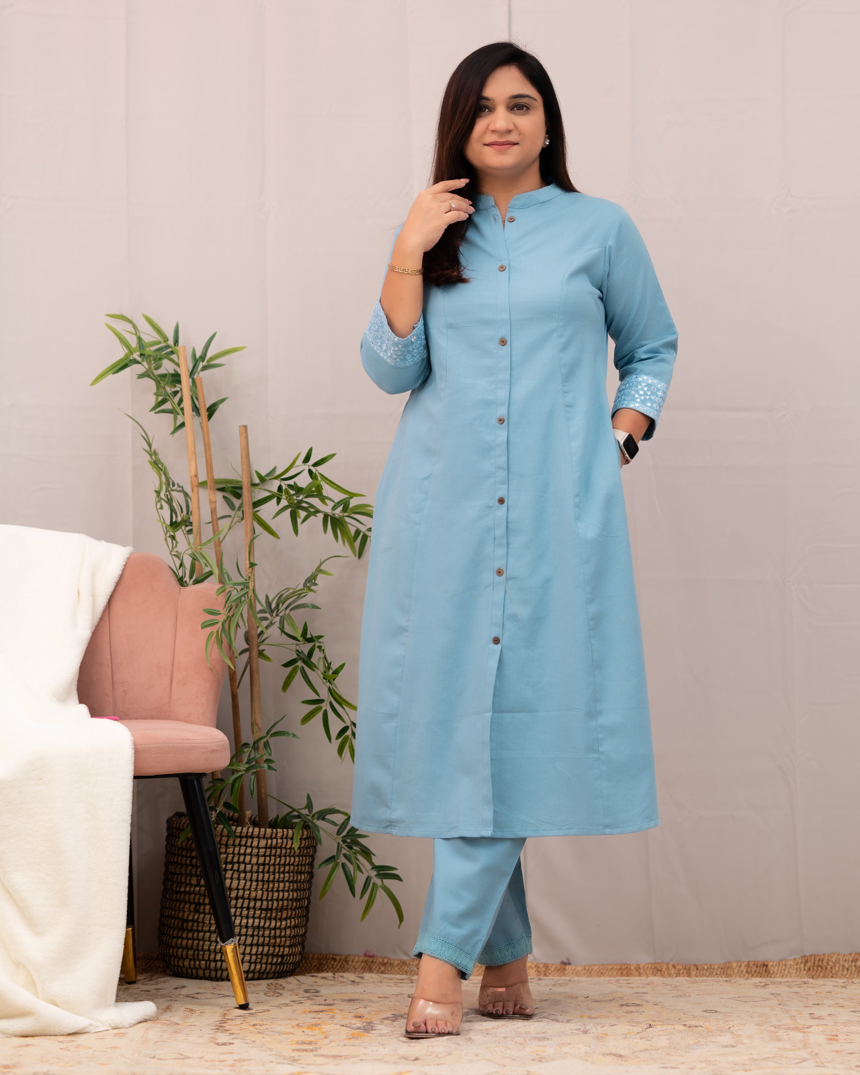Raveena A-line Embroidered  Cotton casual Pant Set - The Jaipur Studio