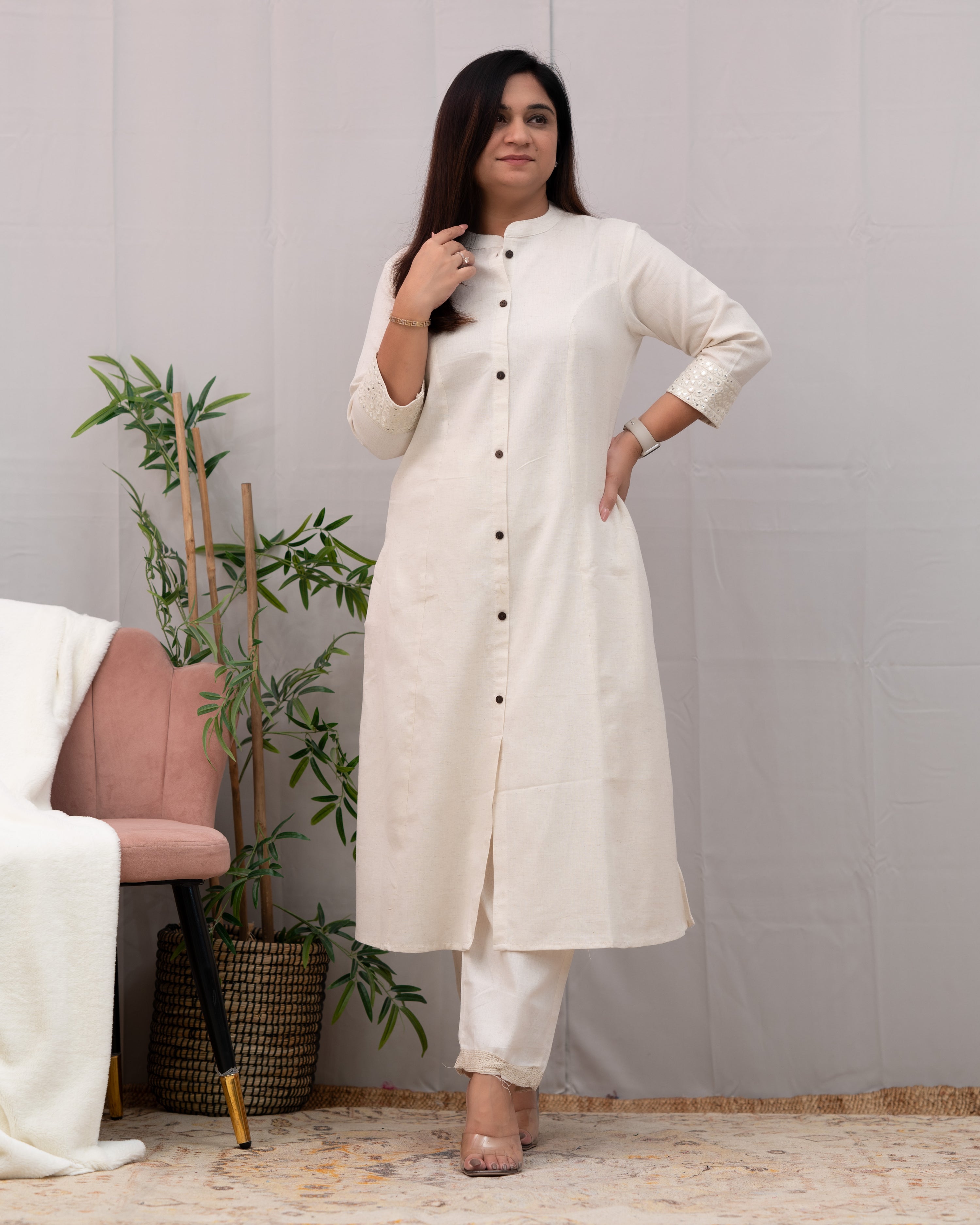 Raveena A-line Embroidered  Cotton casual Pant Set - The Jaipur Studio