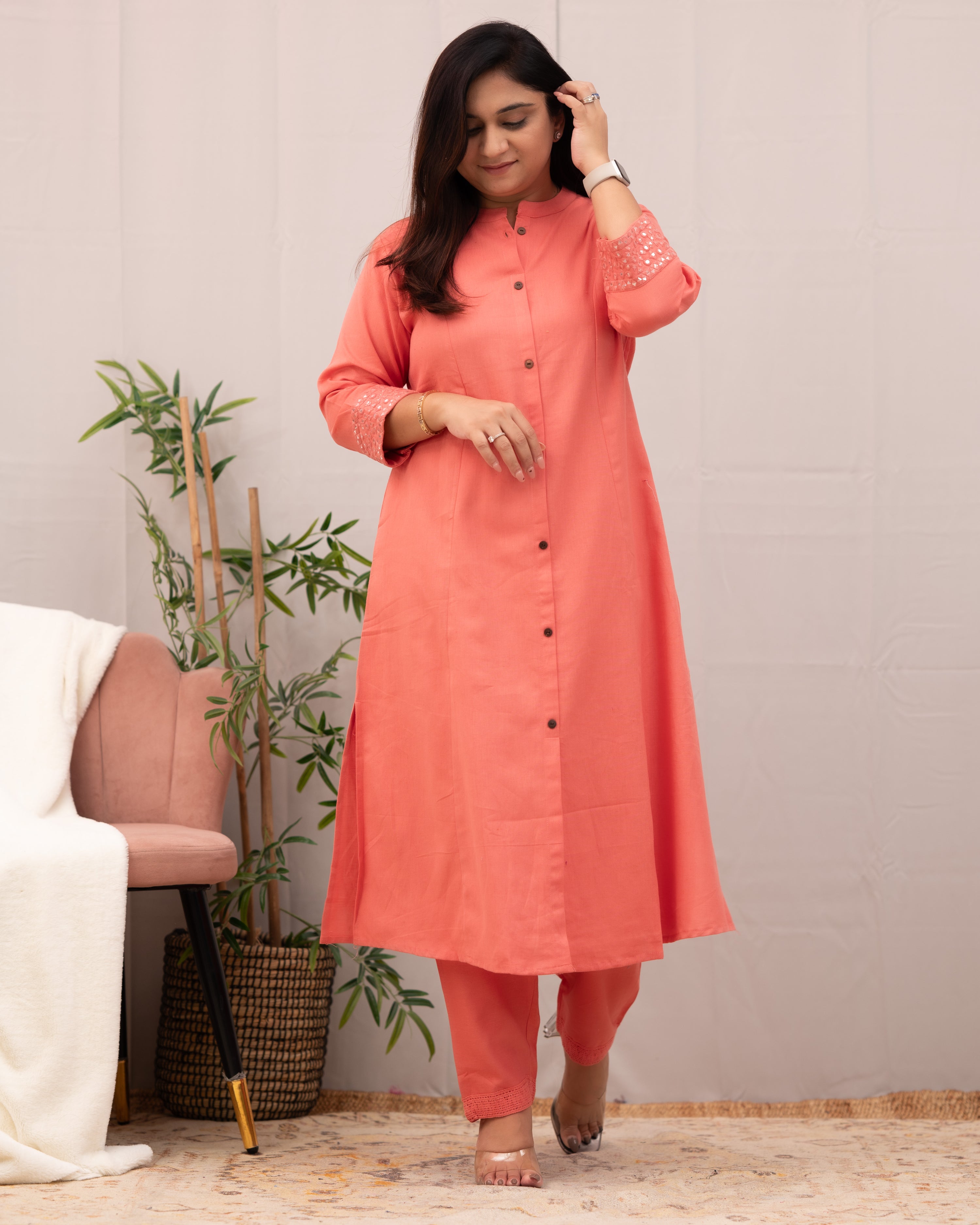 Raveena A-line Embroidered  Cotton casual Pant Set - The Jaipur Studio