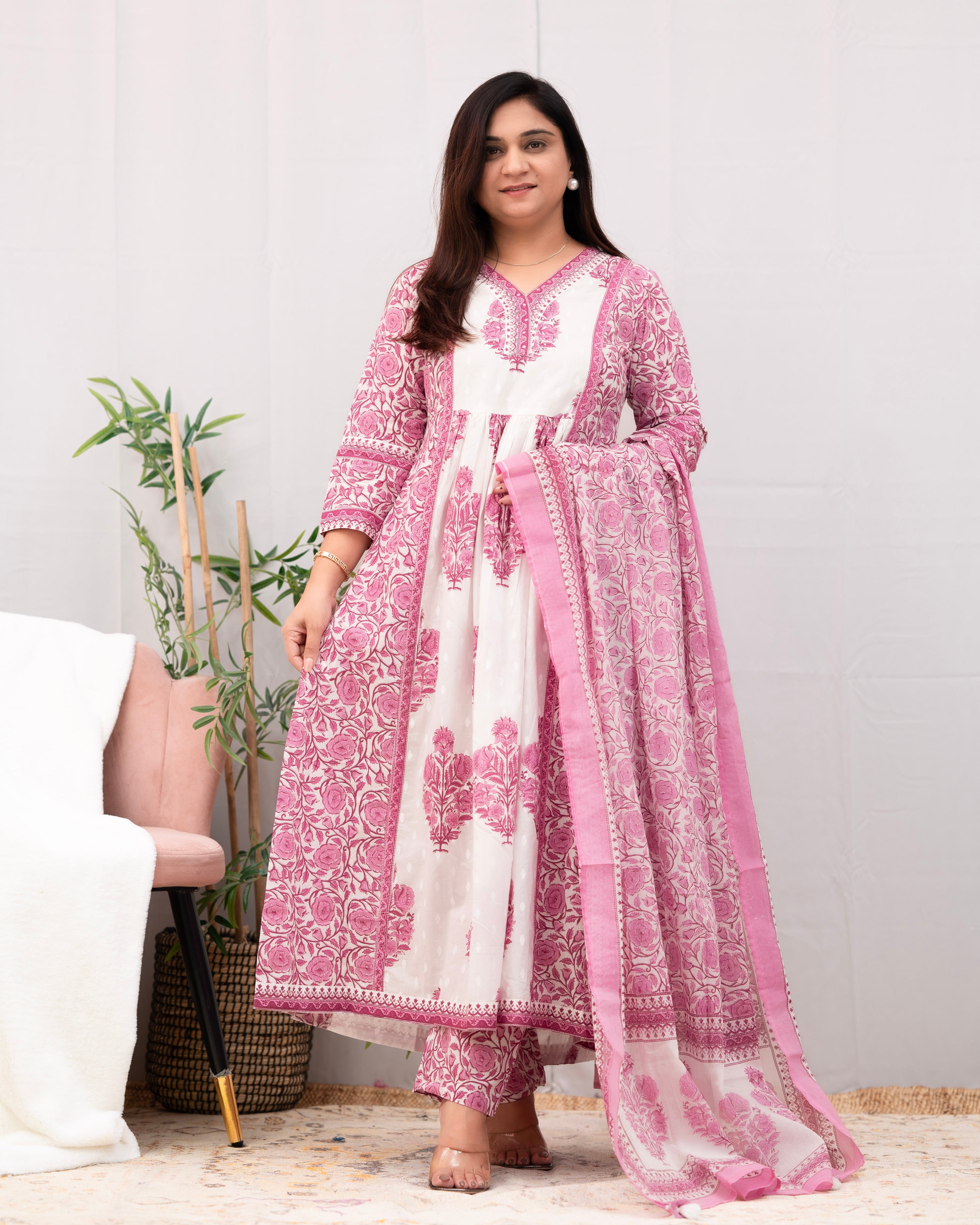 Kaira Premium Cotton Embroidered Anarkali Pant Set - The Jaipur Studio