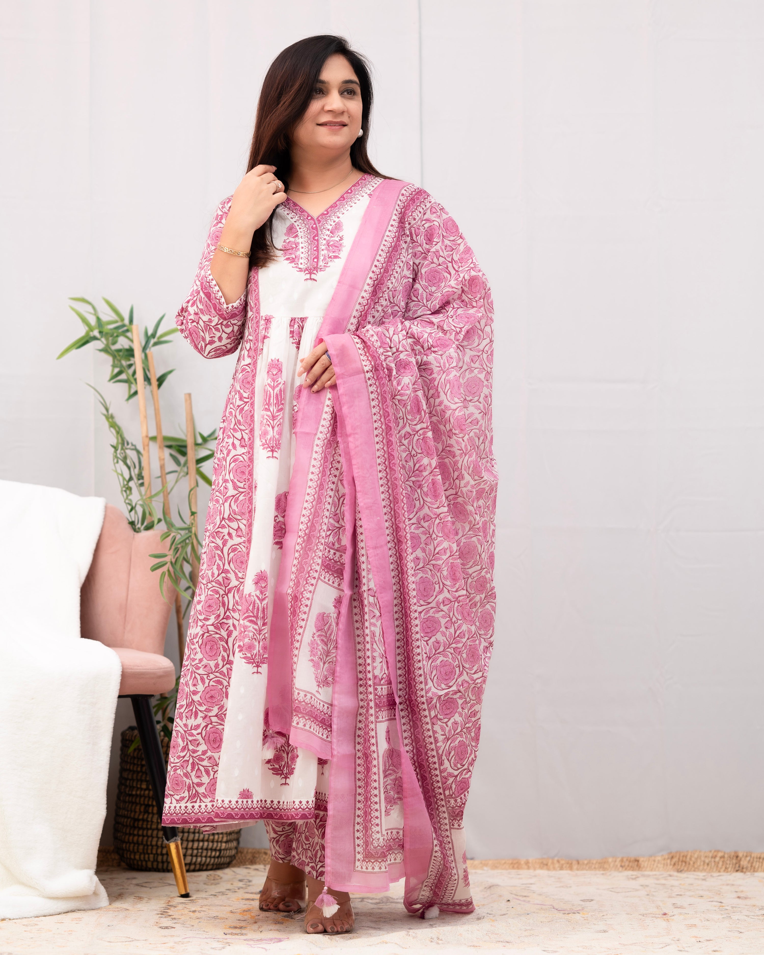 Kaira Premium Cotton Embroidered Anarkali Pant Set - The Jaipur Studio