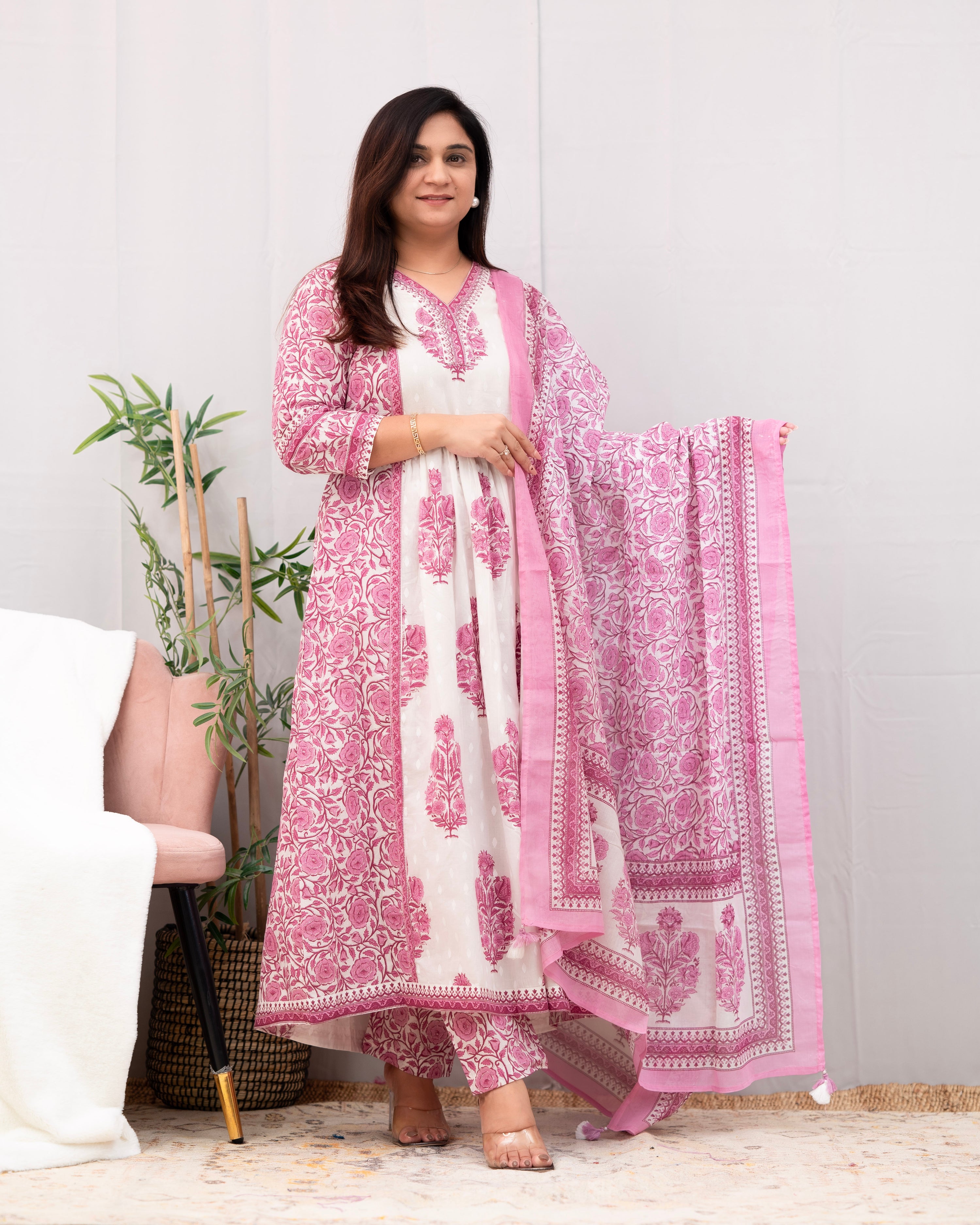 Kaira Premium Cotton Embroidered Anarkali Pant Set - The Jaipur Studio