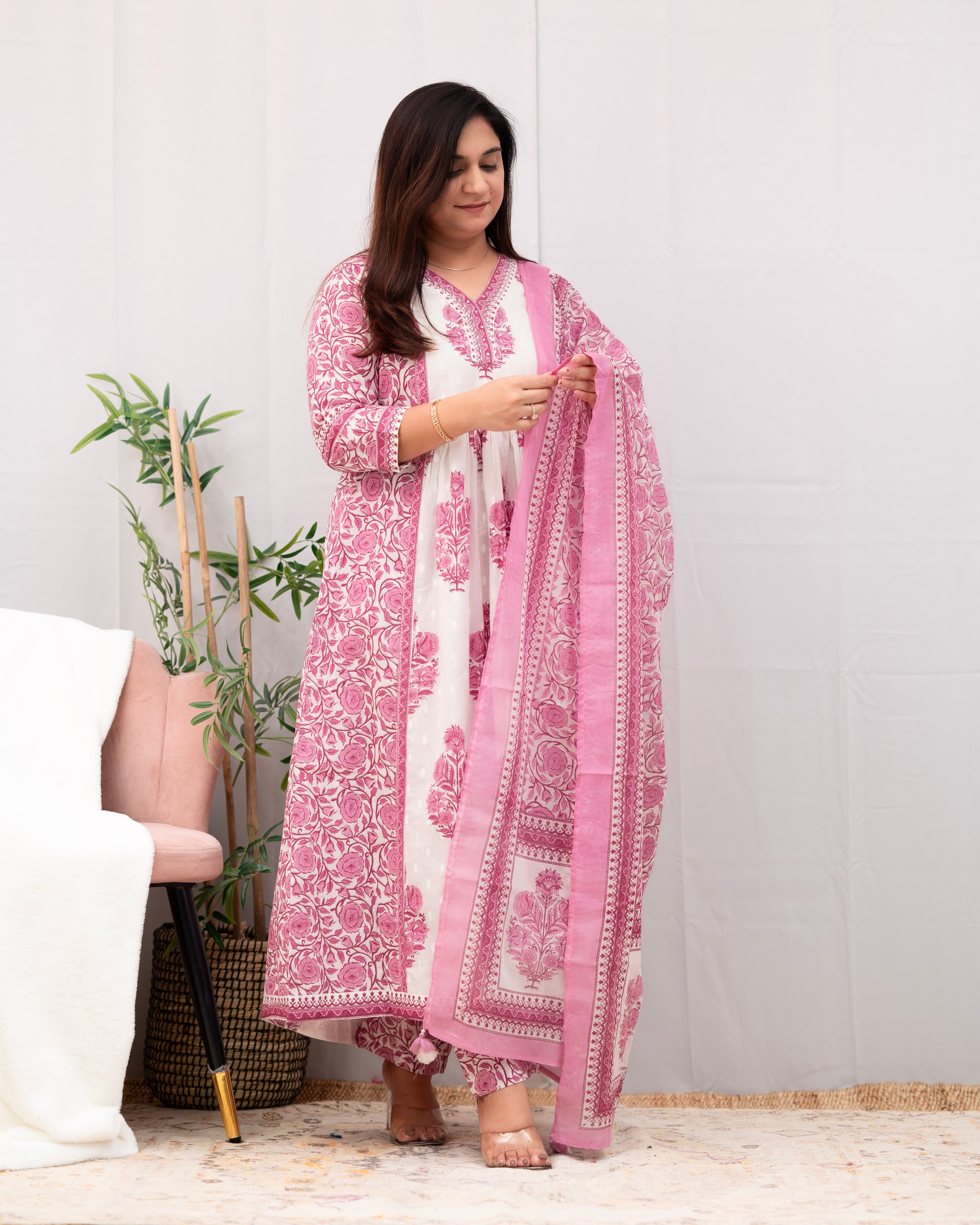 Kaira Premium Cotton Embroidered Anarkali Pant Set - The Jaipur Studio