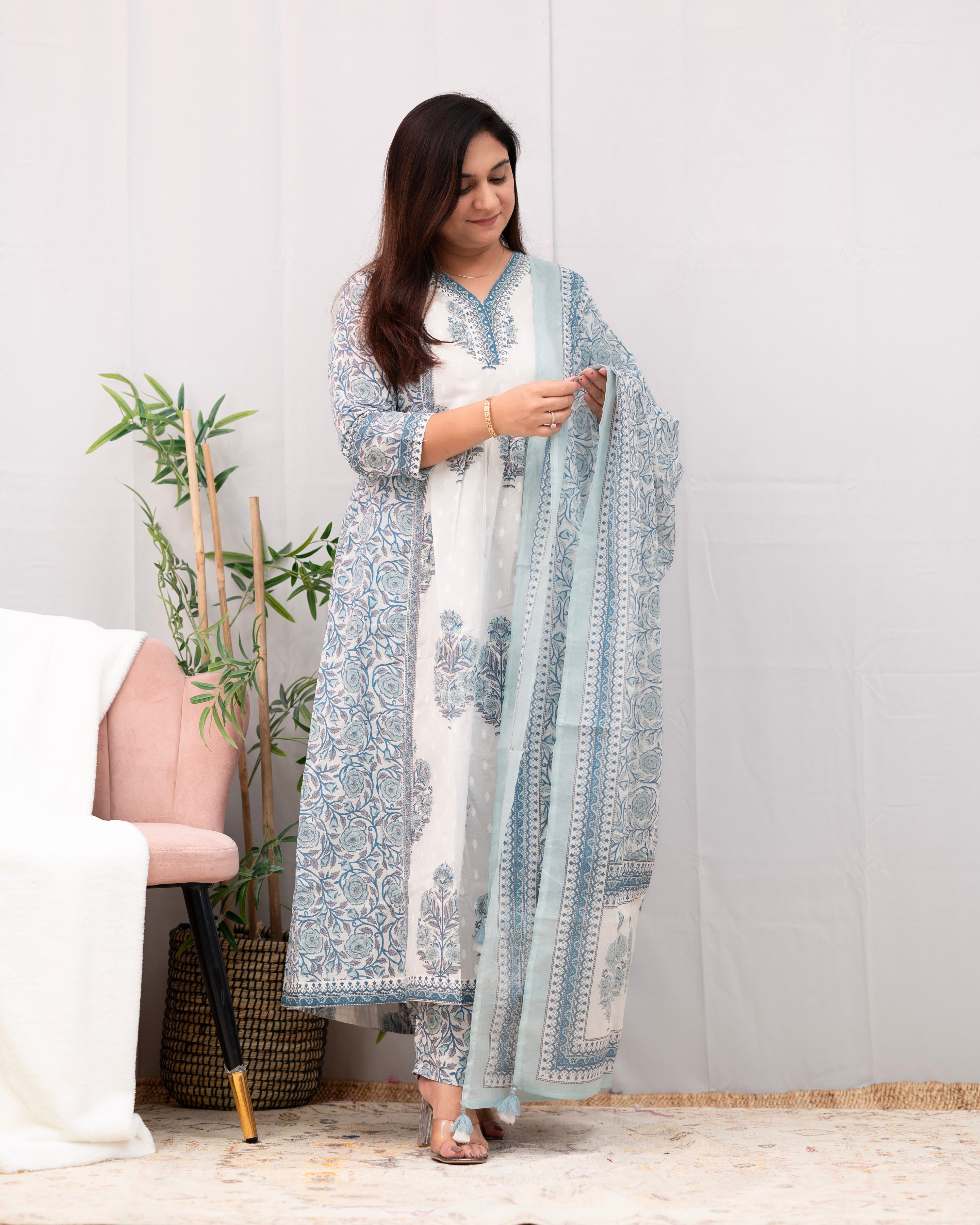 Kaira Premium Cotton Embroidered Anarkali Pant Set - The Jaipur Studio