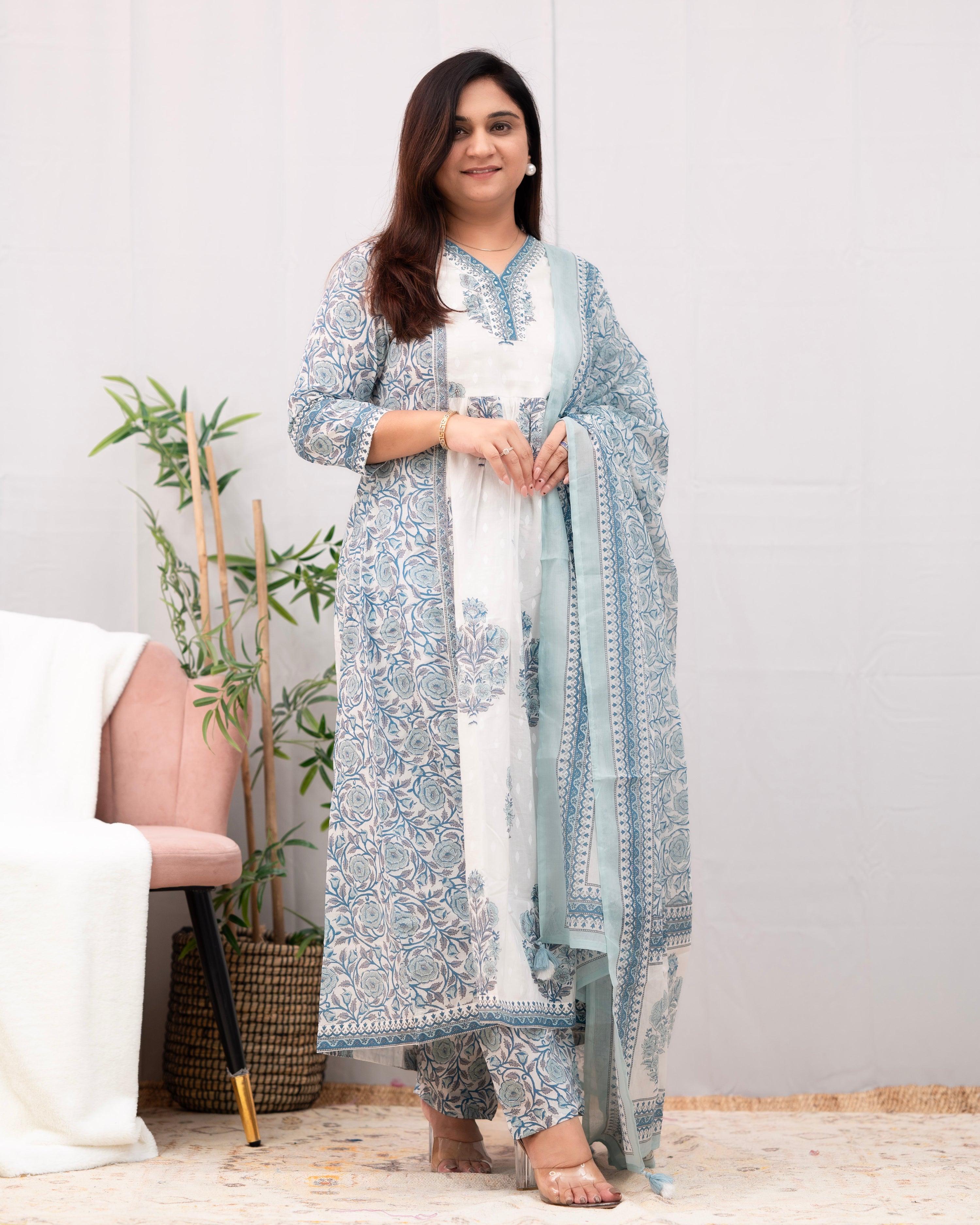 Kaira Premium Cotton Embroidered Anarkali Pant Set - The Jaipur Studio