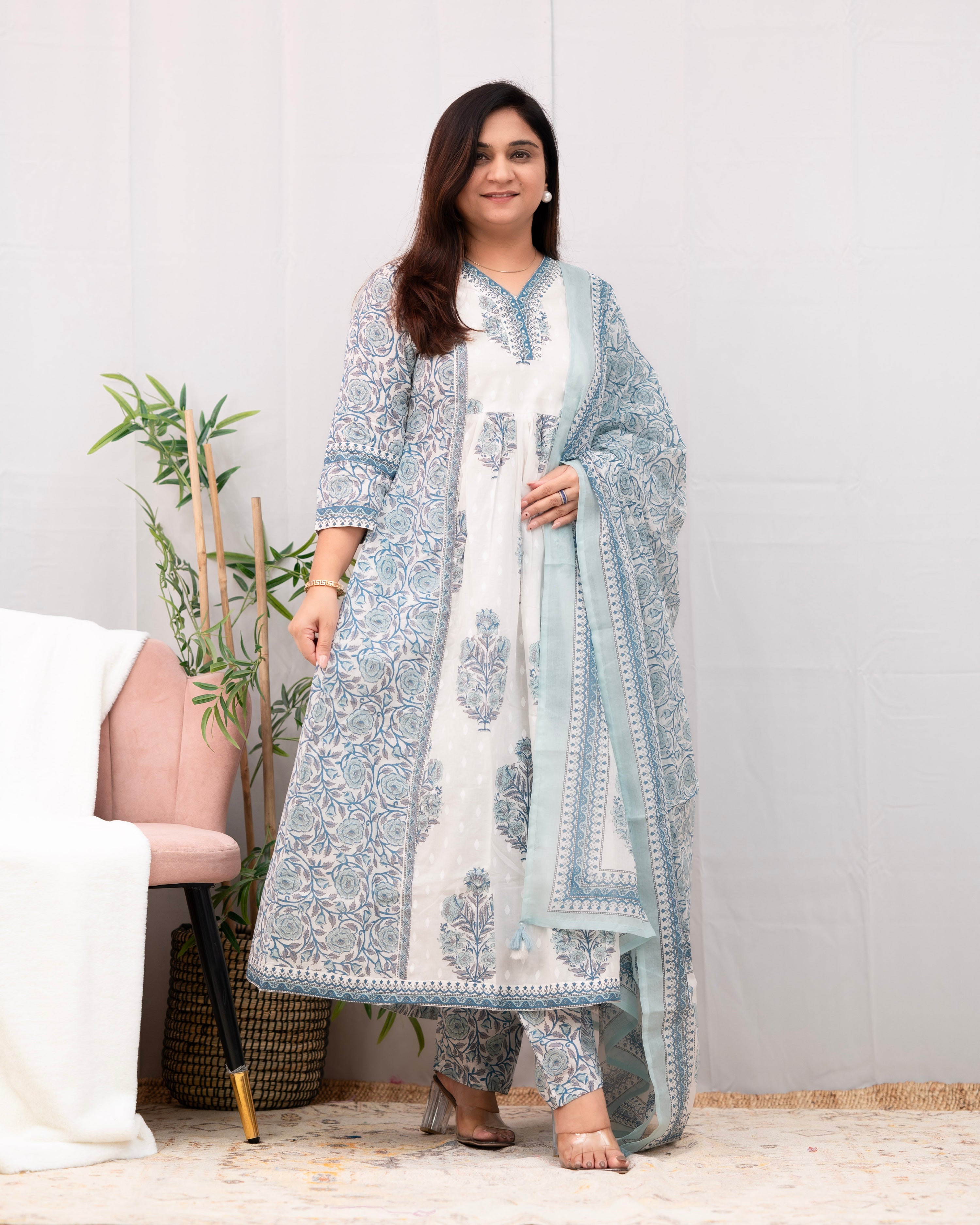 Kaira Premium Cotton Embroidered Anarkali Pant Set - The Jaipur Studio