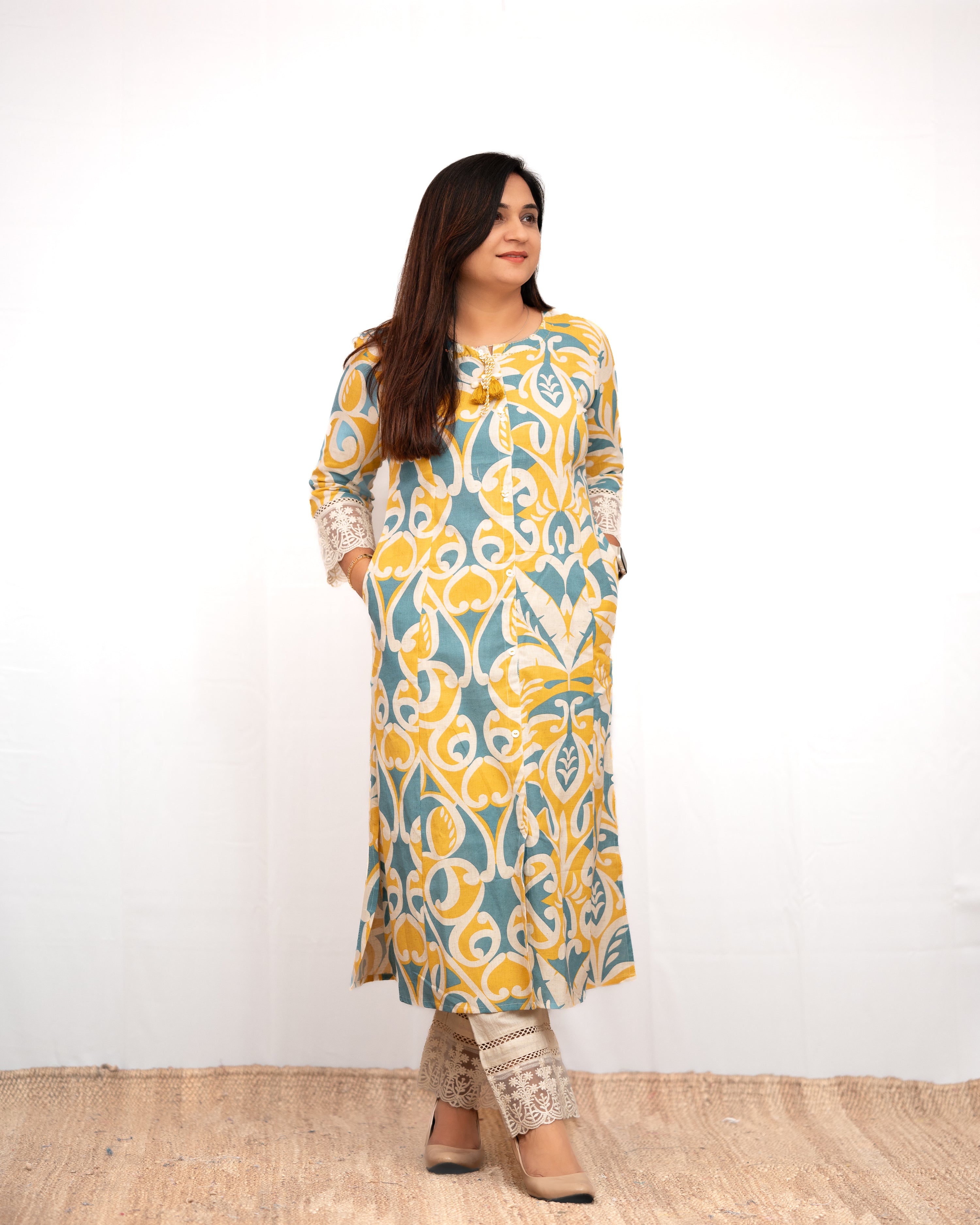 Yellow A-line Cotton casual Pant Set - The Jaipur Studio