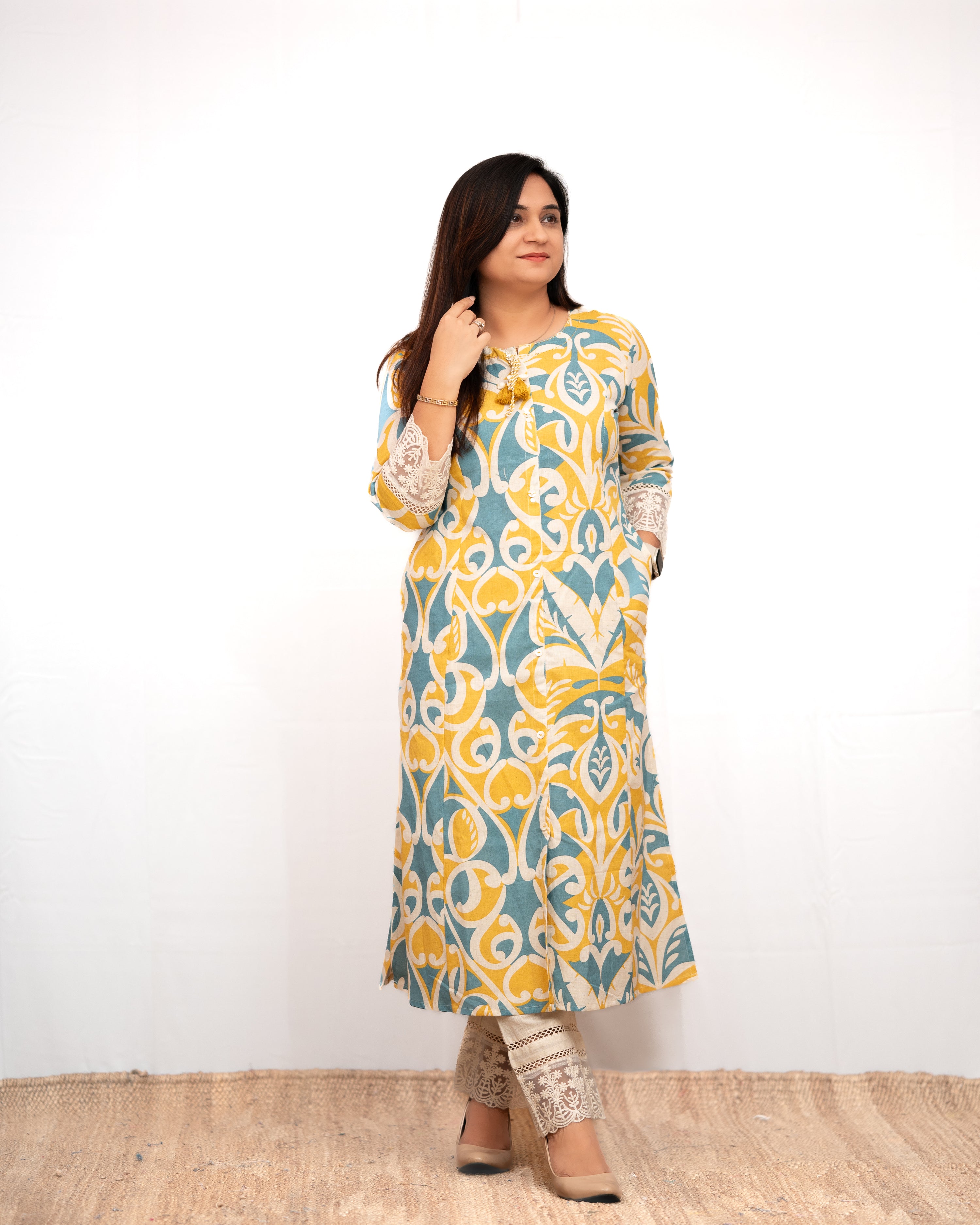 Yellow A-line Cotton casual Pant Set - The Jaipur Studio