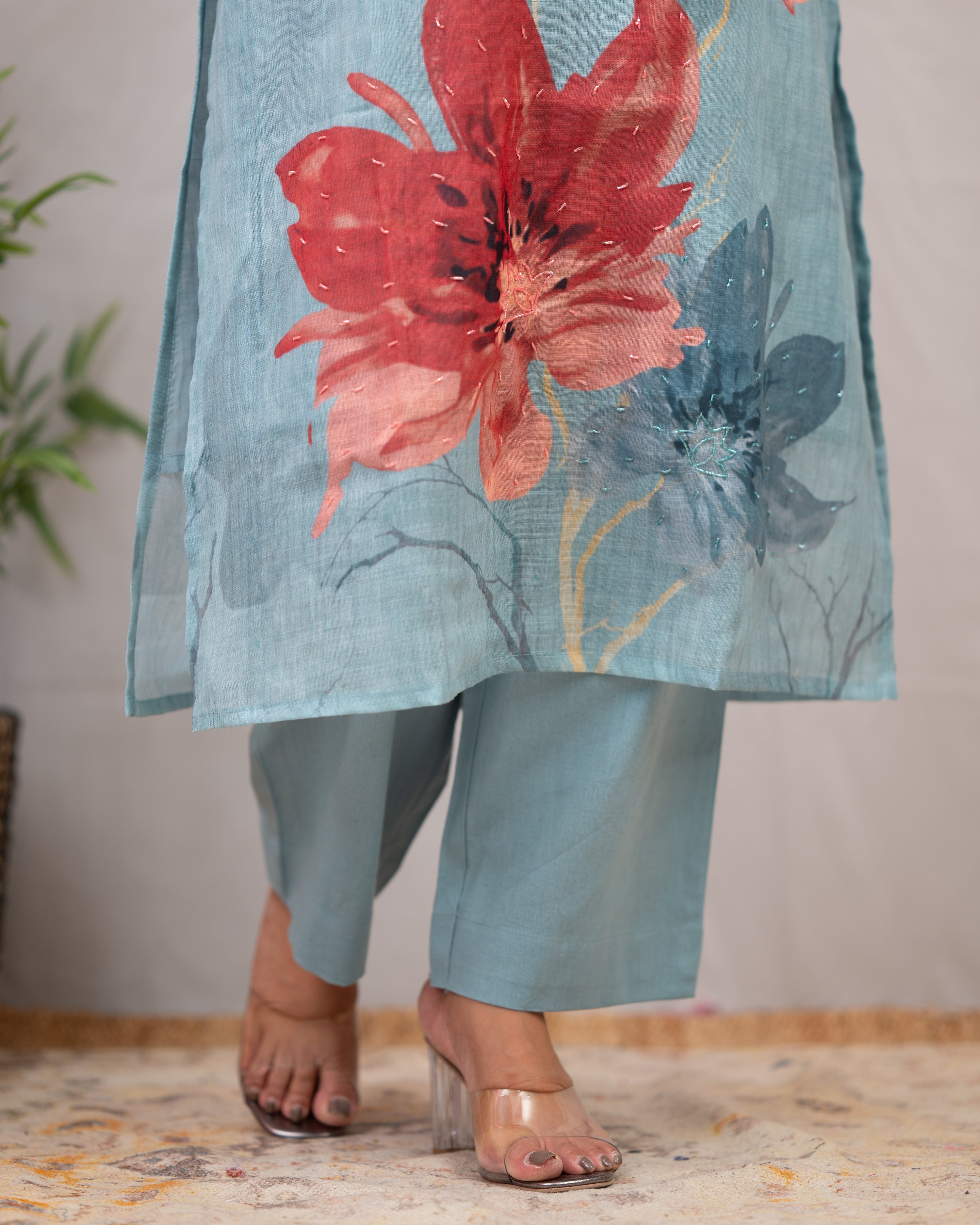 Linen Hand work brush Painted Pant Set - The Jaipur Studio