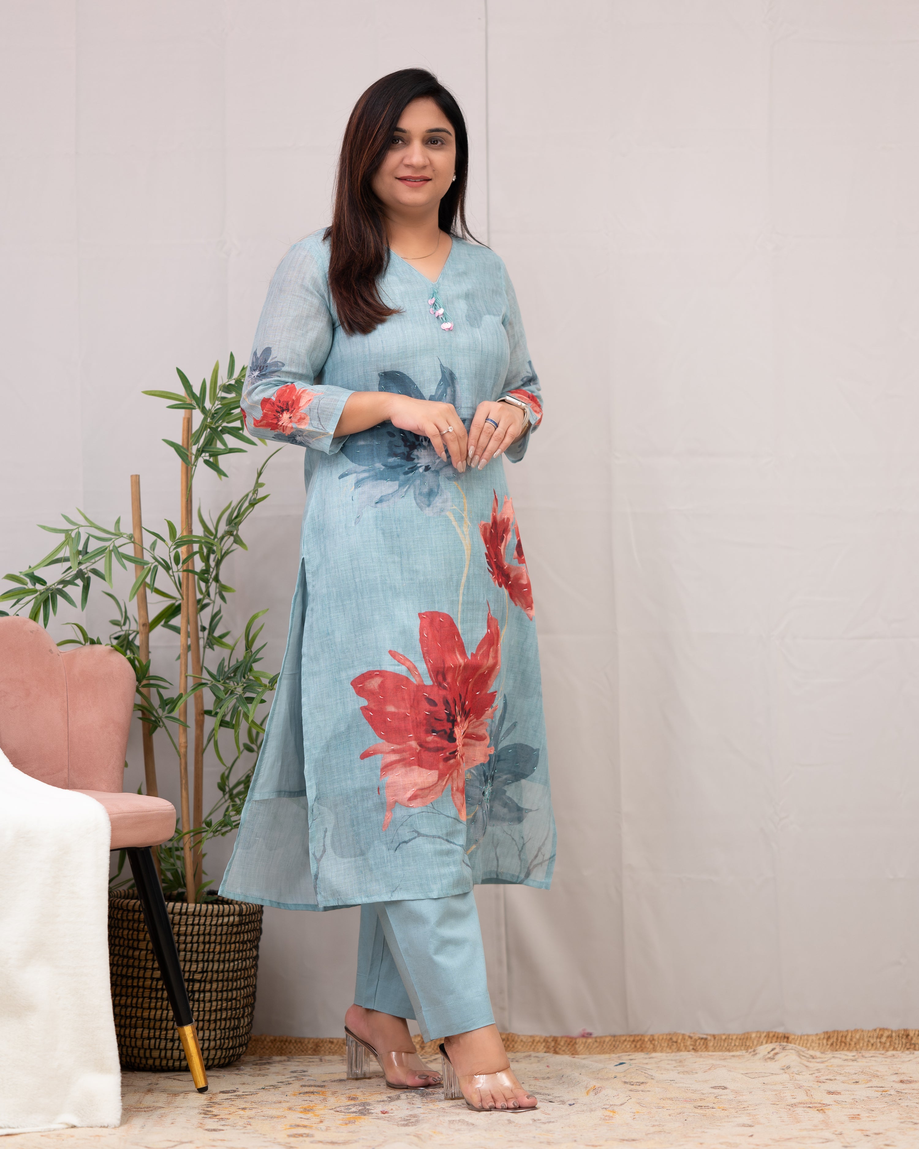 Linen Hand work brush Painted Pant Set - The Jaipur Studio