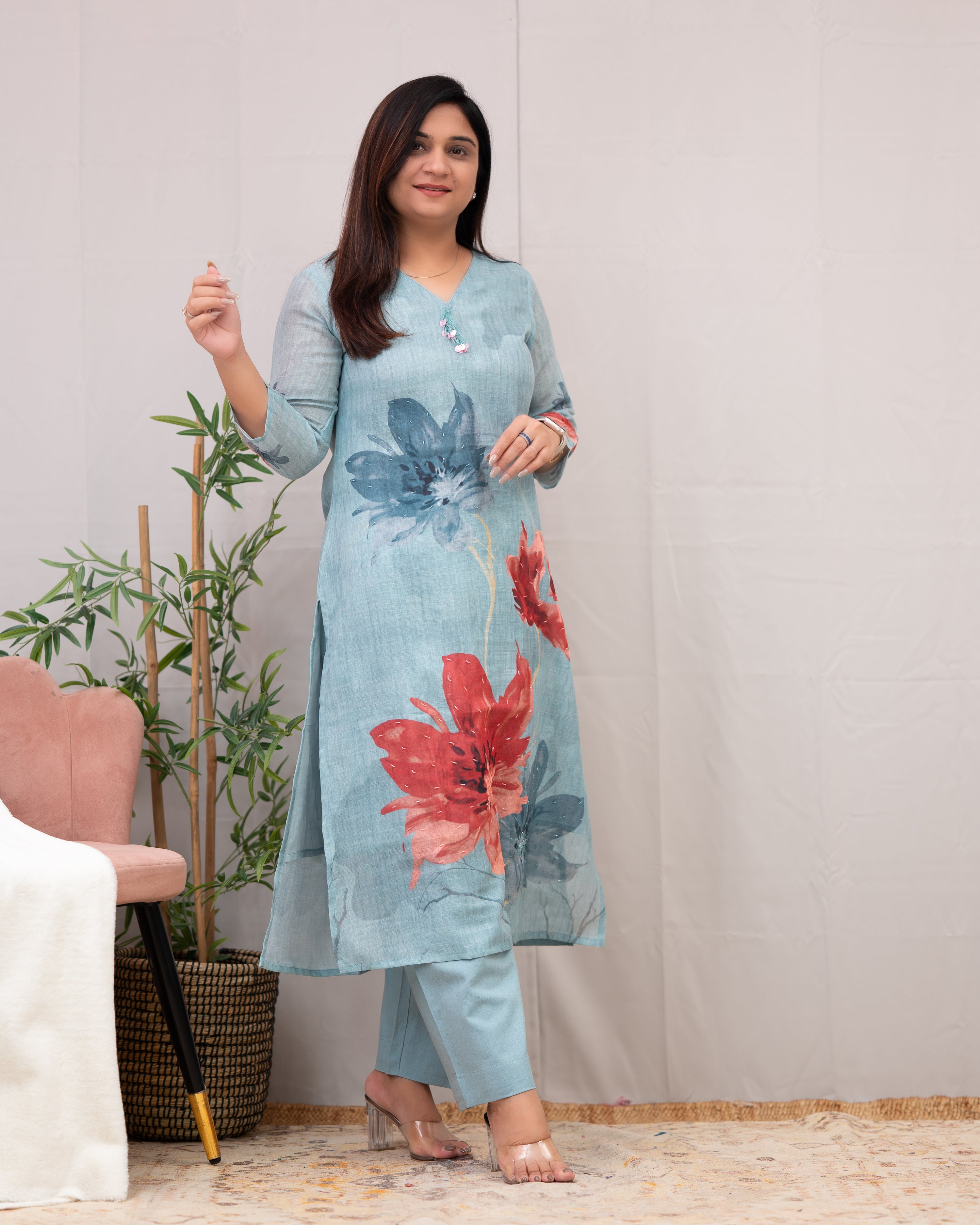 Linen Hand work brush Painted Pant Set - The Jaipur Studio