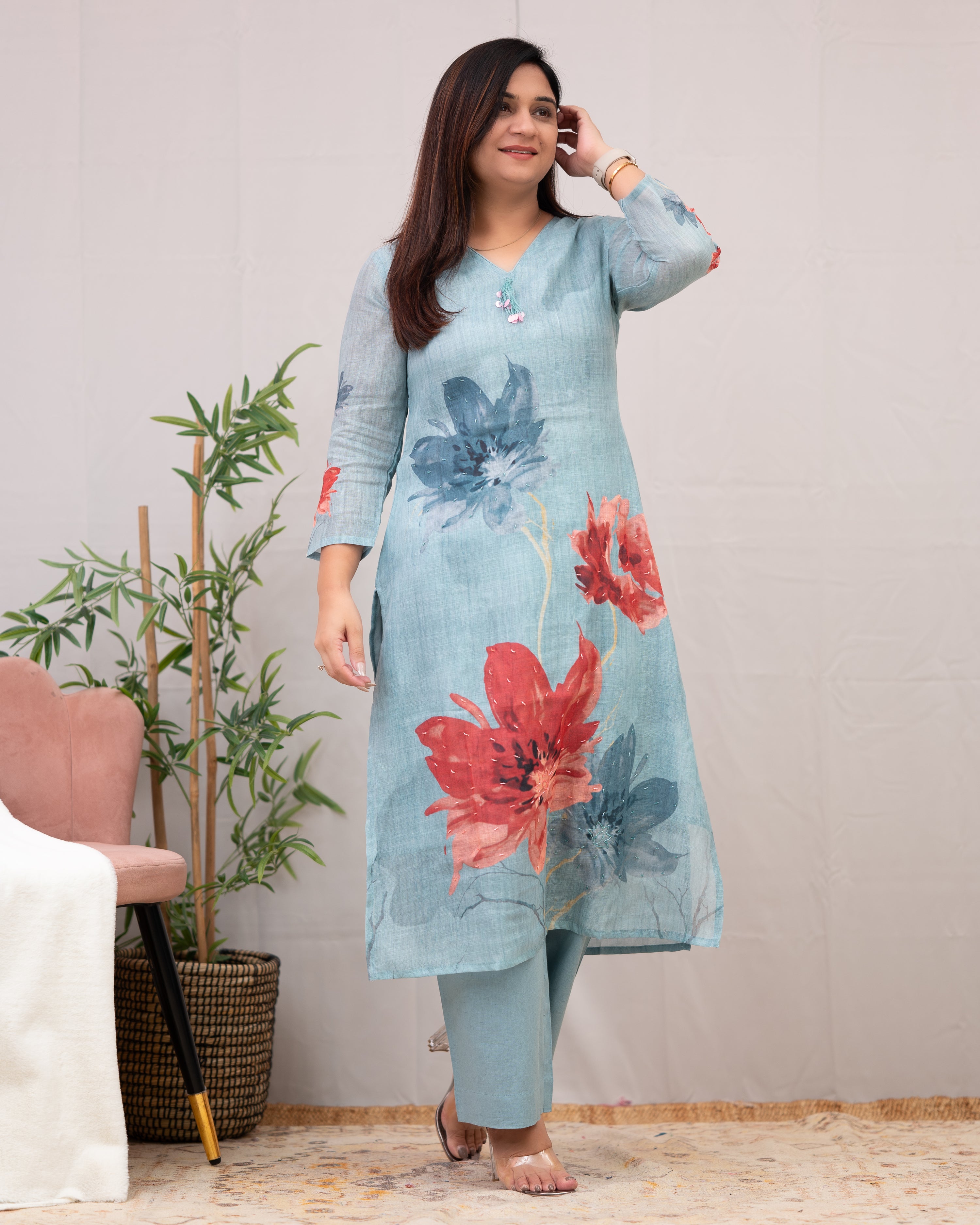 Linen Hand work brush Painted Pant Set - The Jaipur Studio
