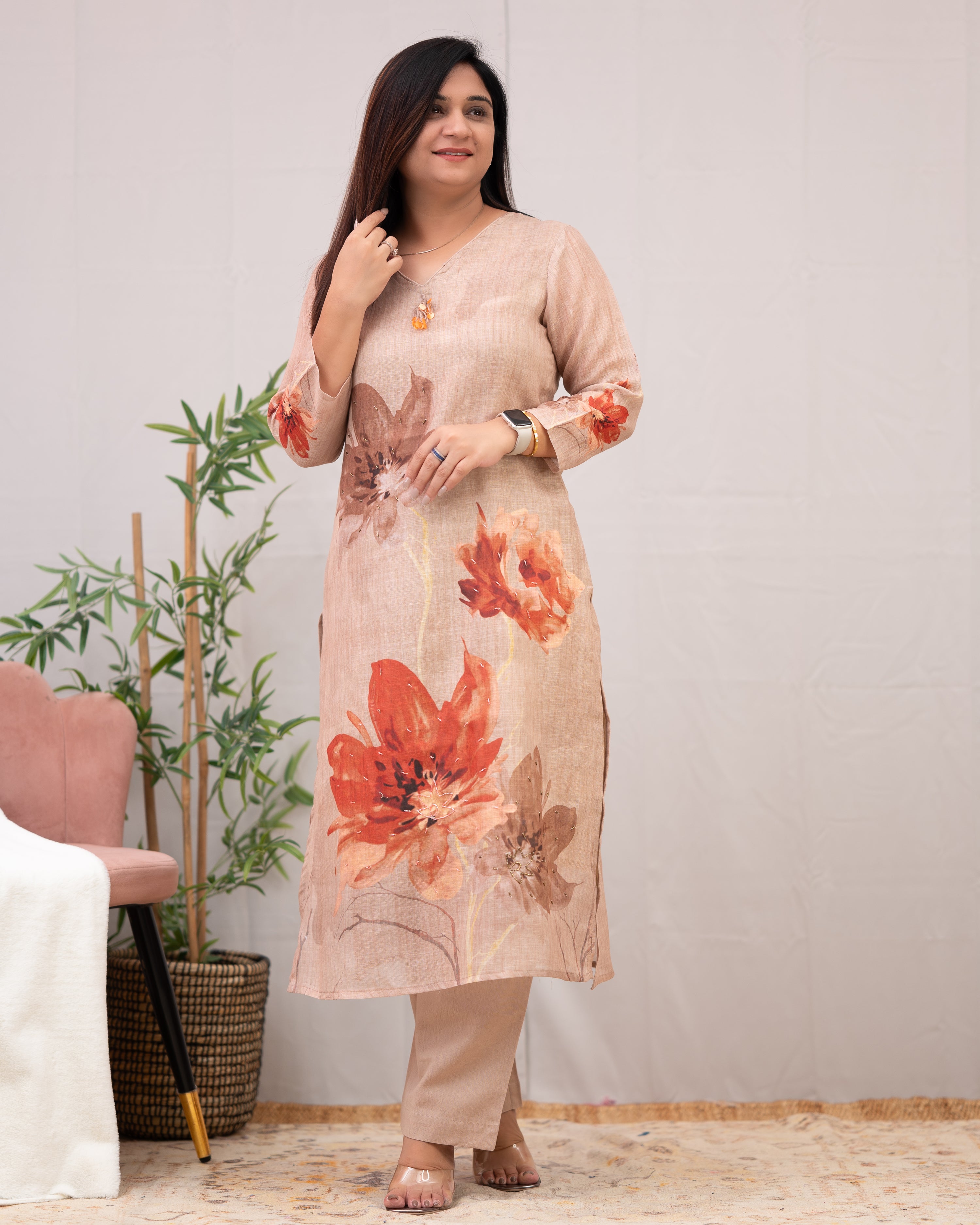 Linen Hand work brush Painted Pant Set - The Jaipur Studio