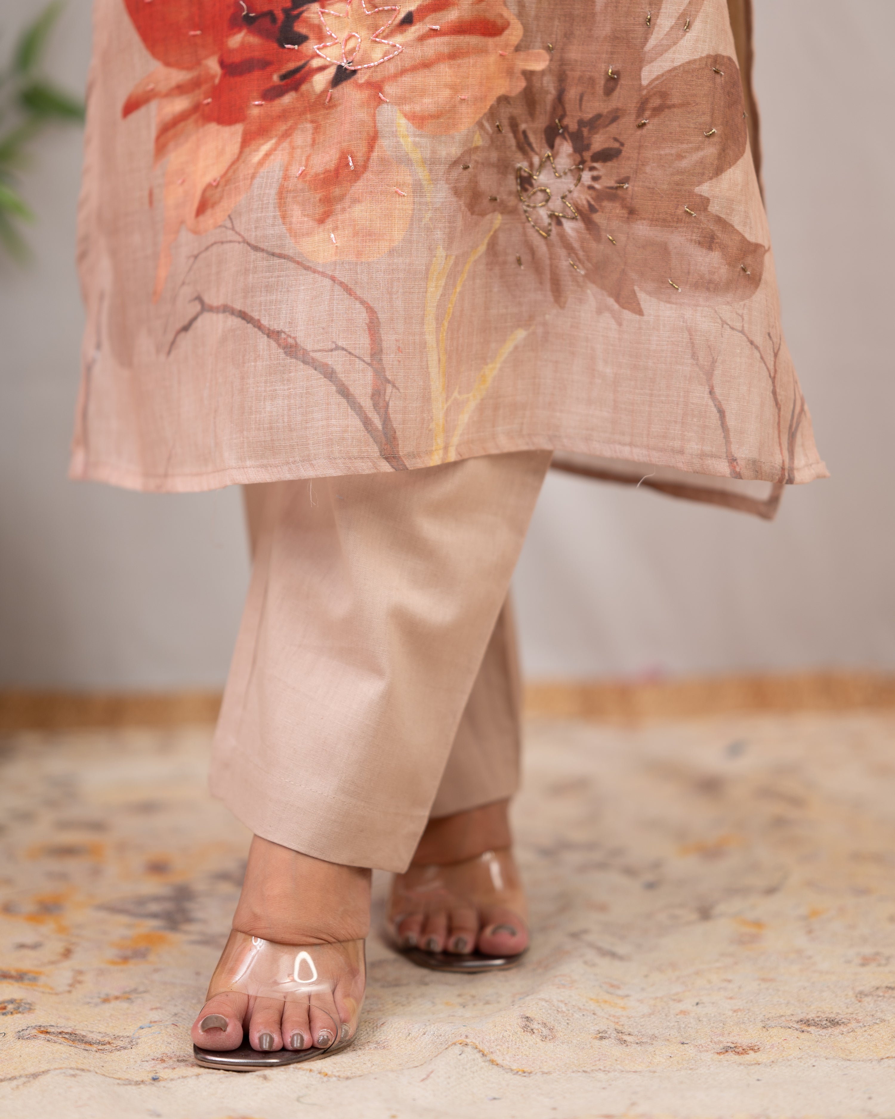 Linen Hand work brush Painted Pant Set - The Jaipur Studio
