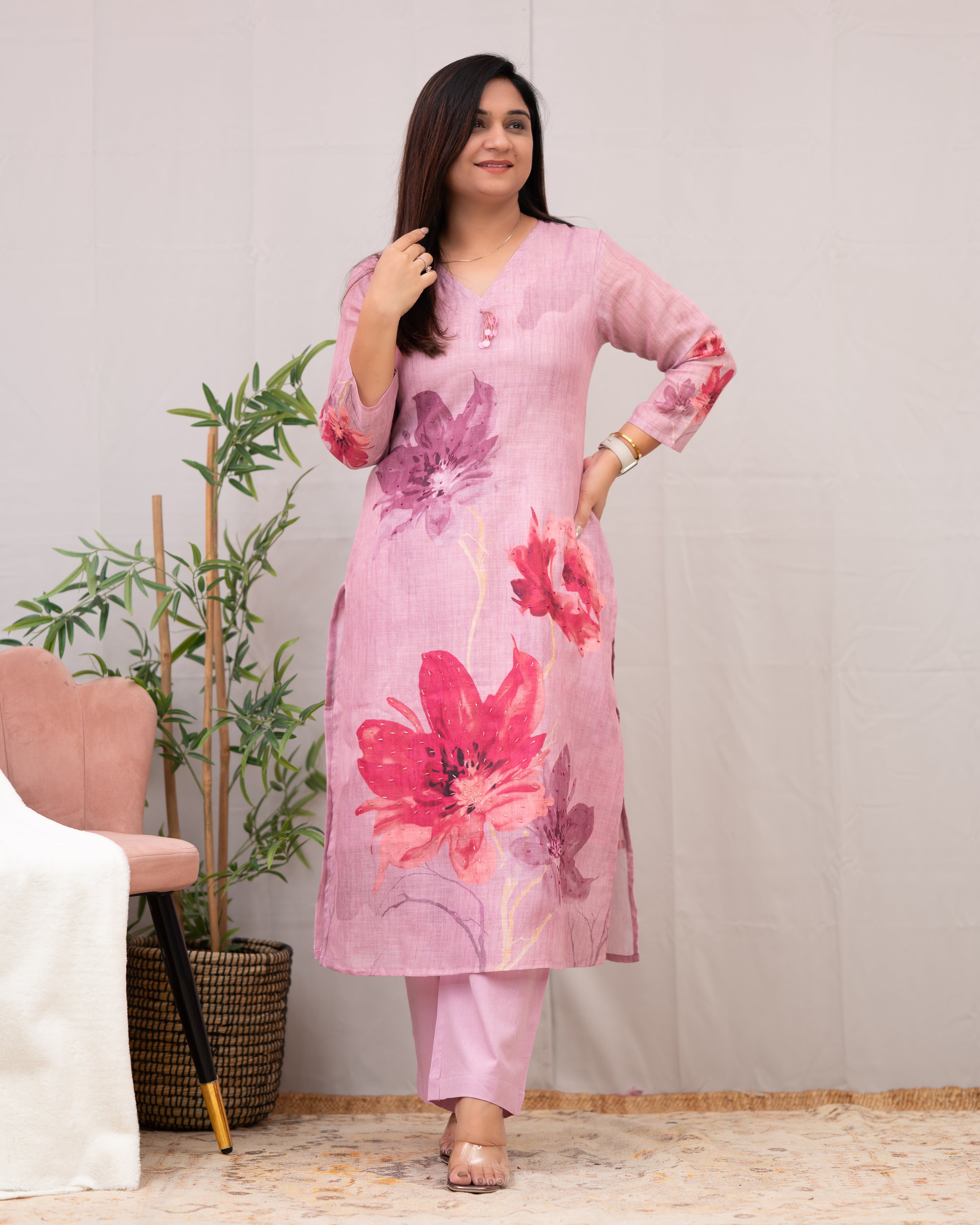 Linen Hand work brush Painted Pant Set - The Jaipur Studio