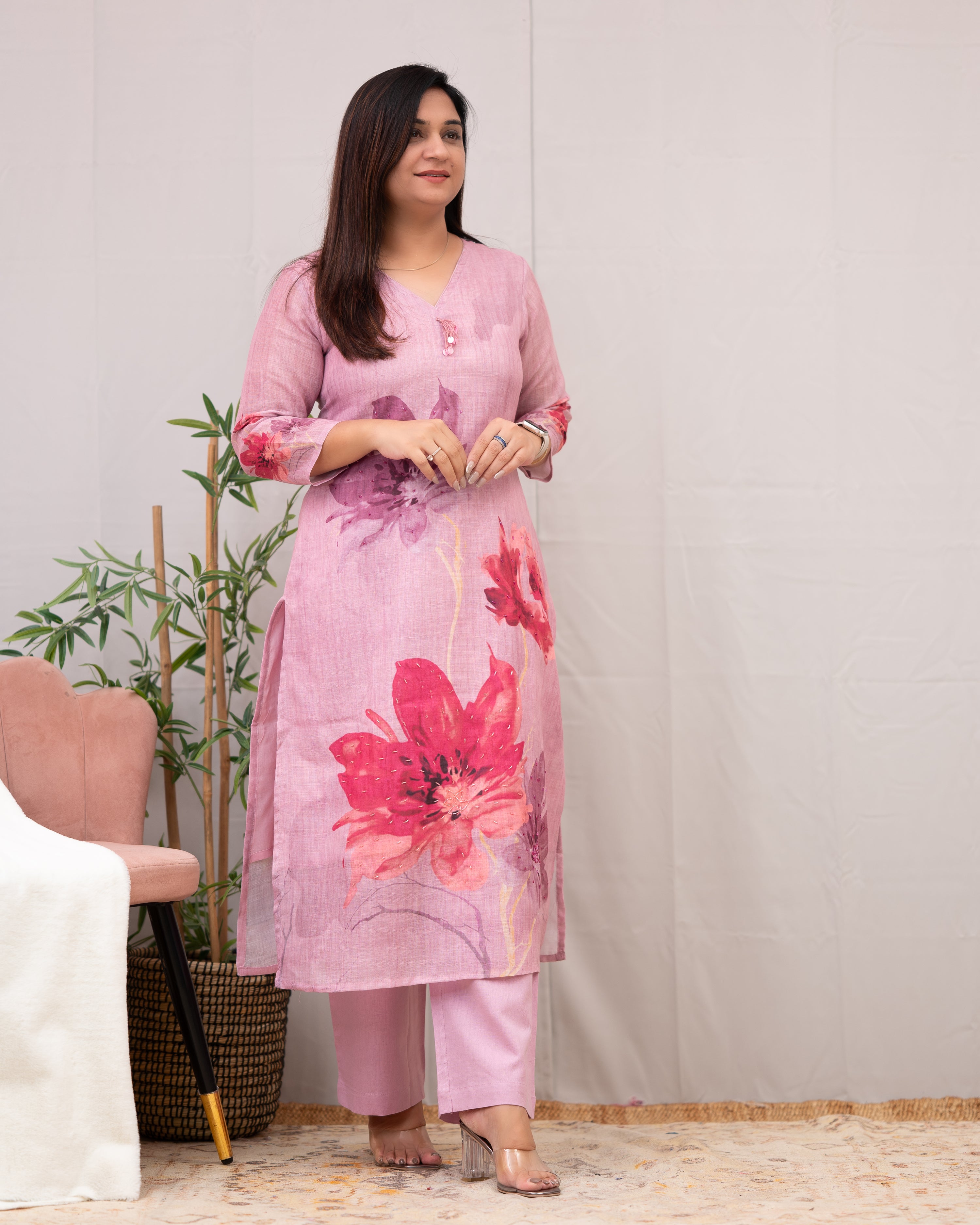 Linen Hand work brush Painted Pant Set - The Jaipur Studio