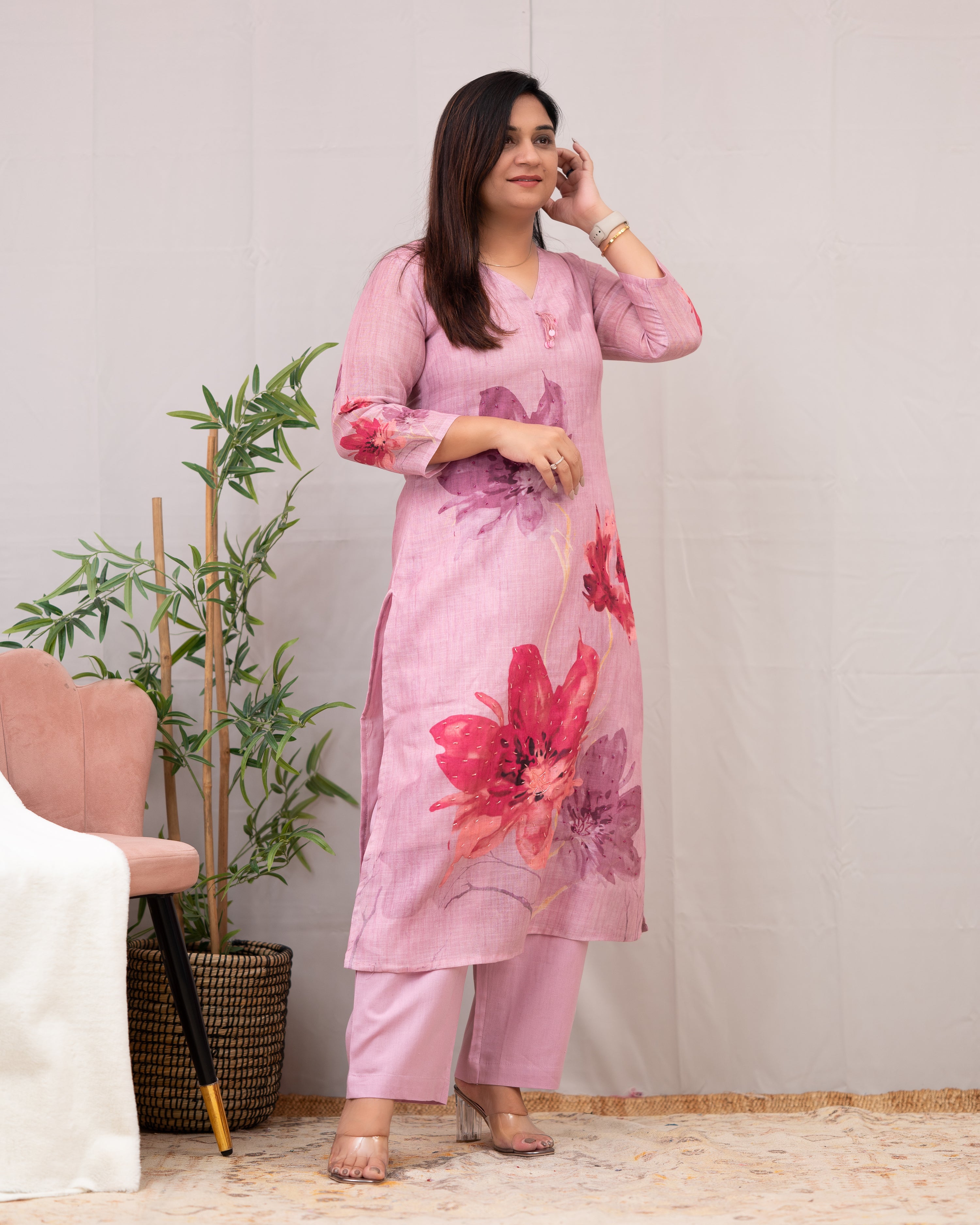 Linen Hand work brush Painted Pant Set - The Jaipur Studio
