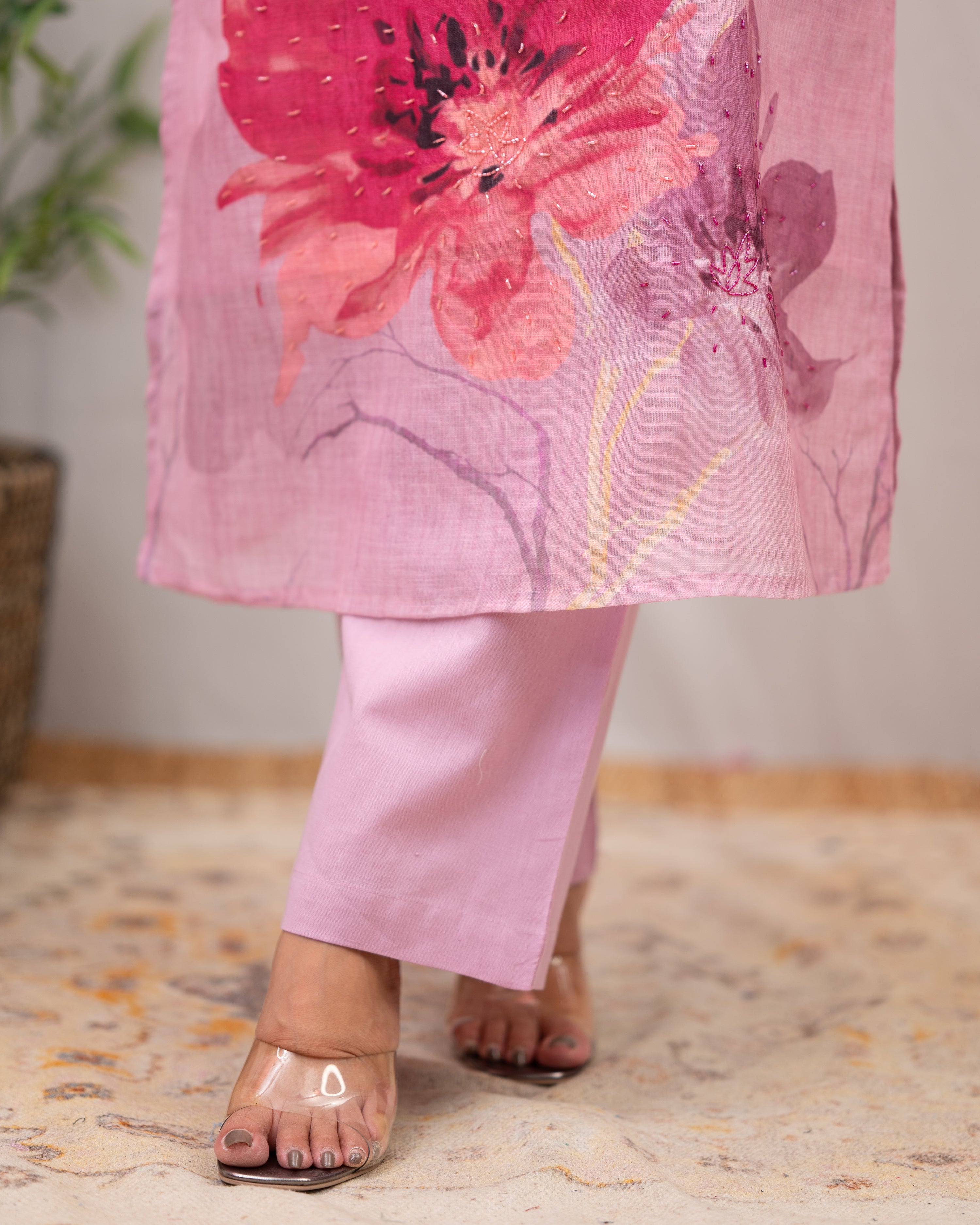 Linen Hand work brush Painted Pant Set - The Jaipur Studio
