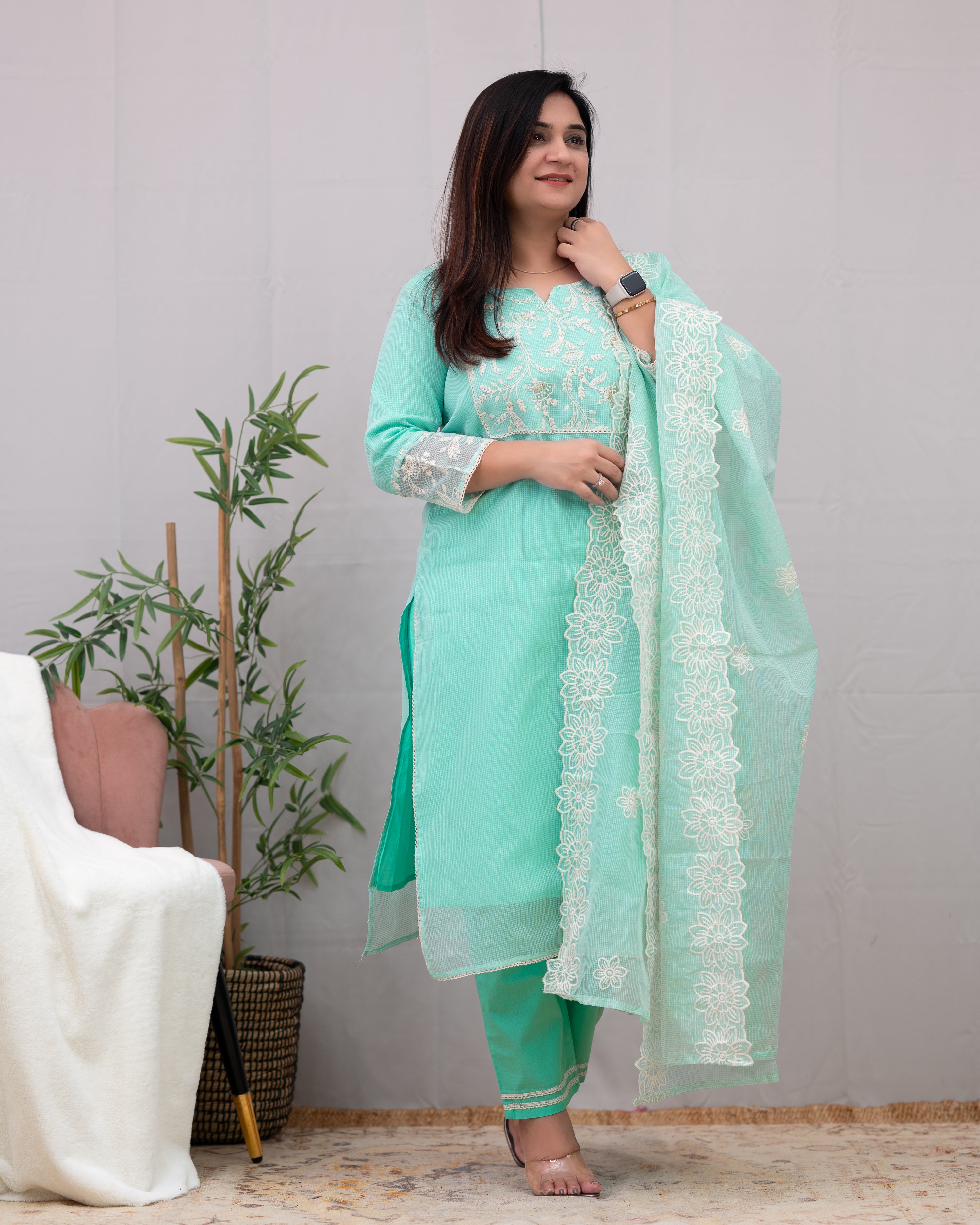 Lavina Kota Doria Embroidered Pant Set - The Jaipur Studio