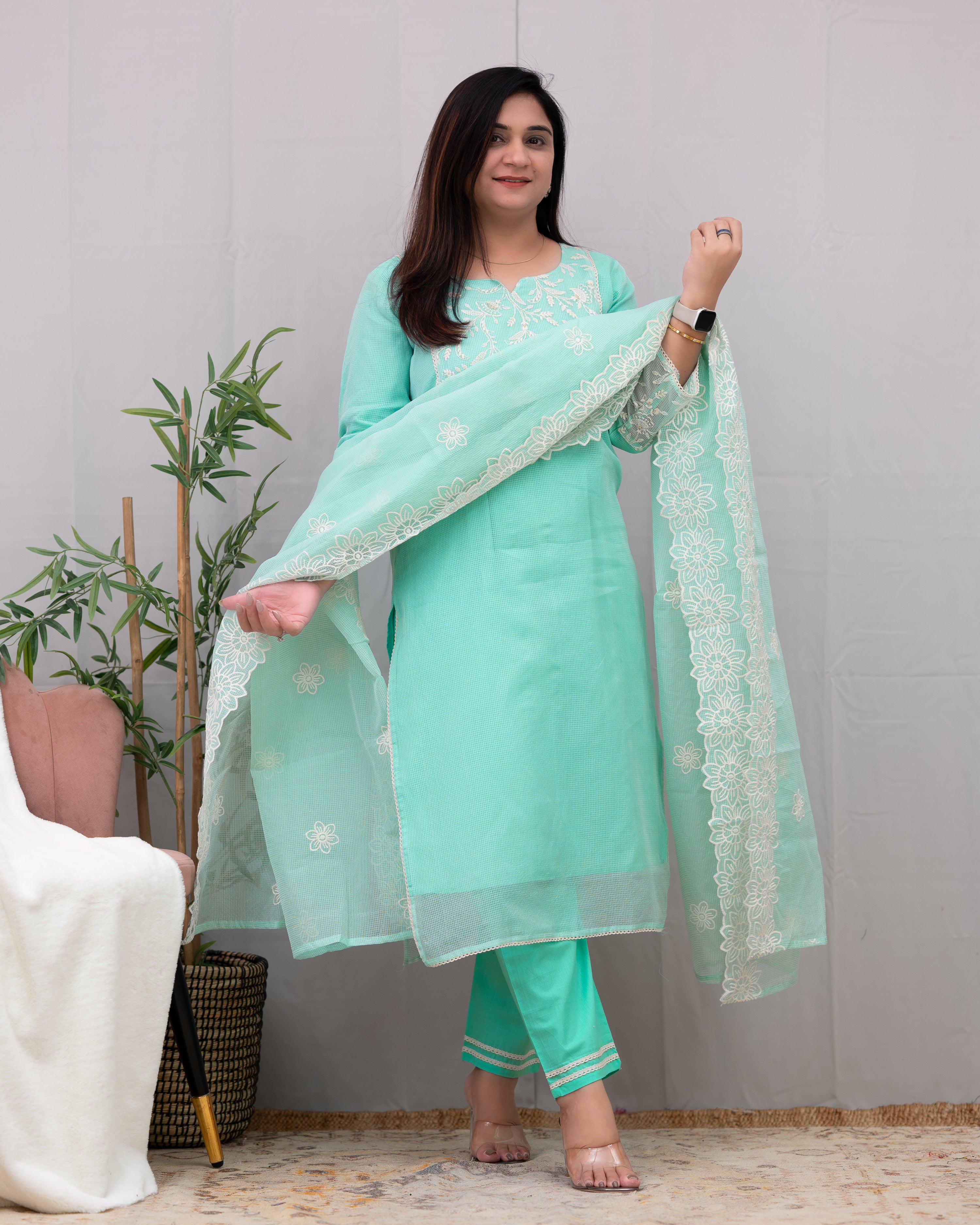 Lavina Kota Doria Embroidered Pant Set - The Jaipur Studio