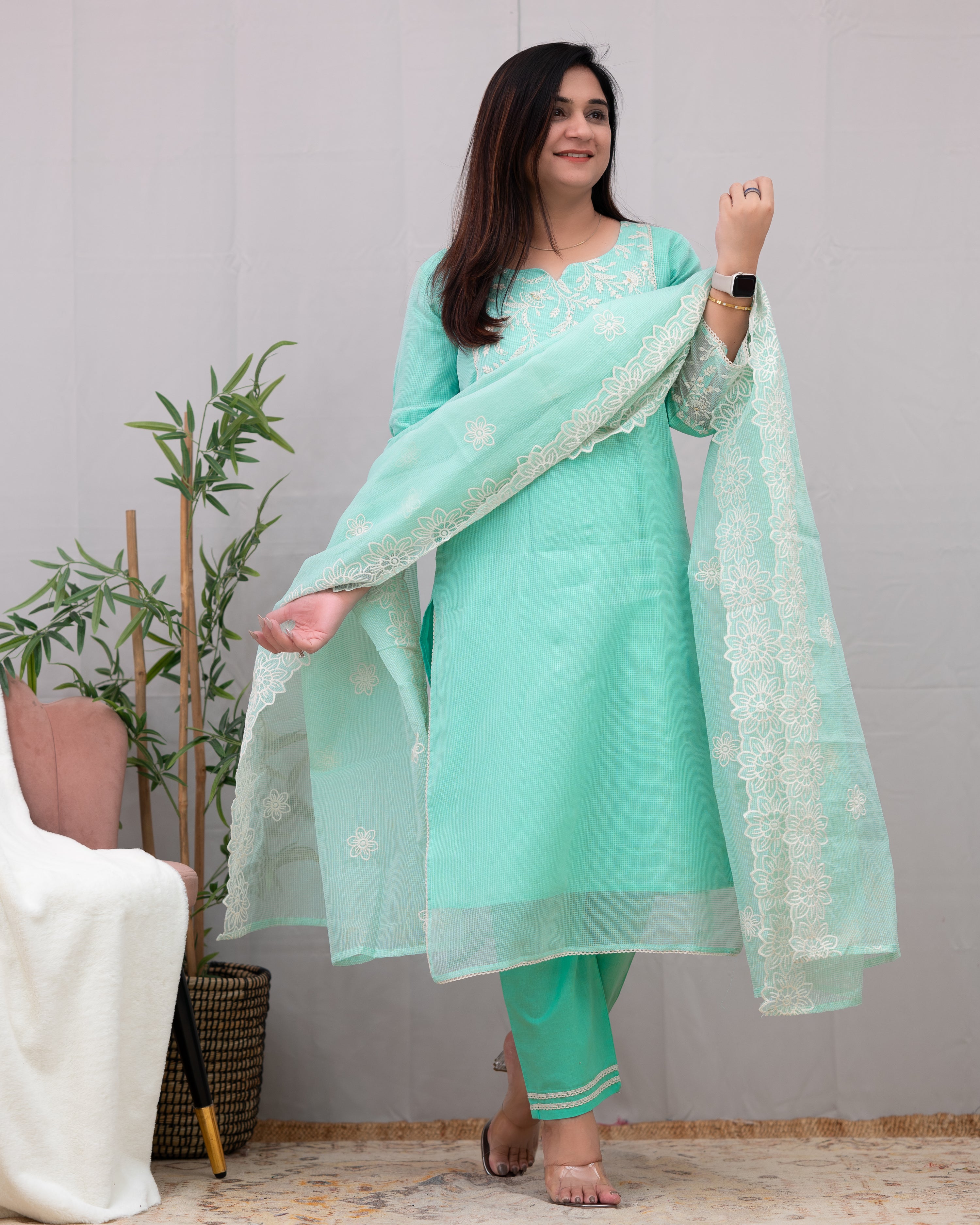 Lavina Kota Doria Embroidered Pant Set - The Jaipur Studio