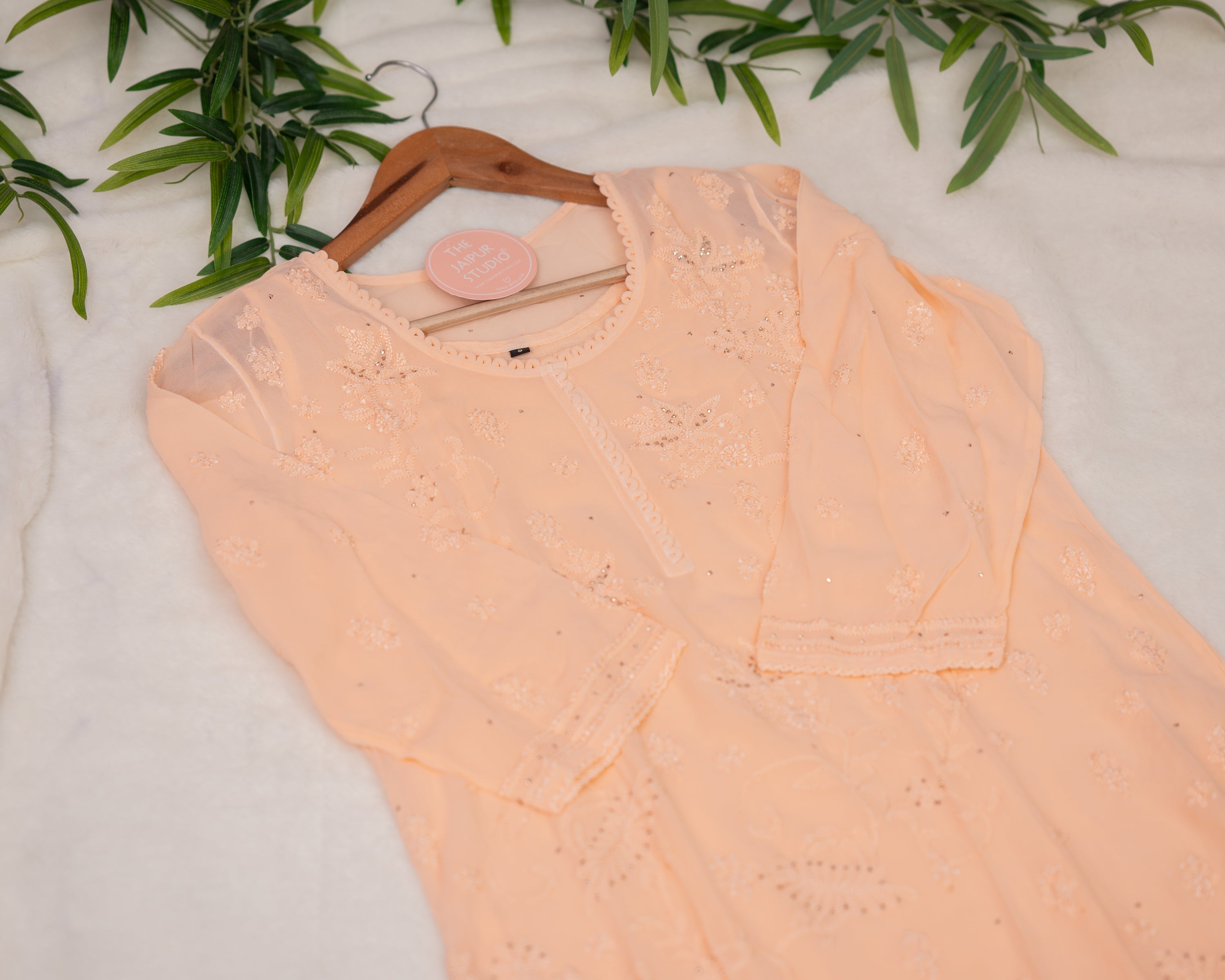 Premium Georgette Hand Embroidered Lucknowi Kurta - The Jaipur Studio