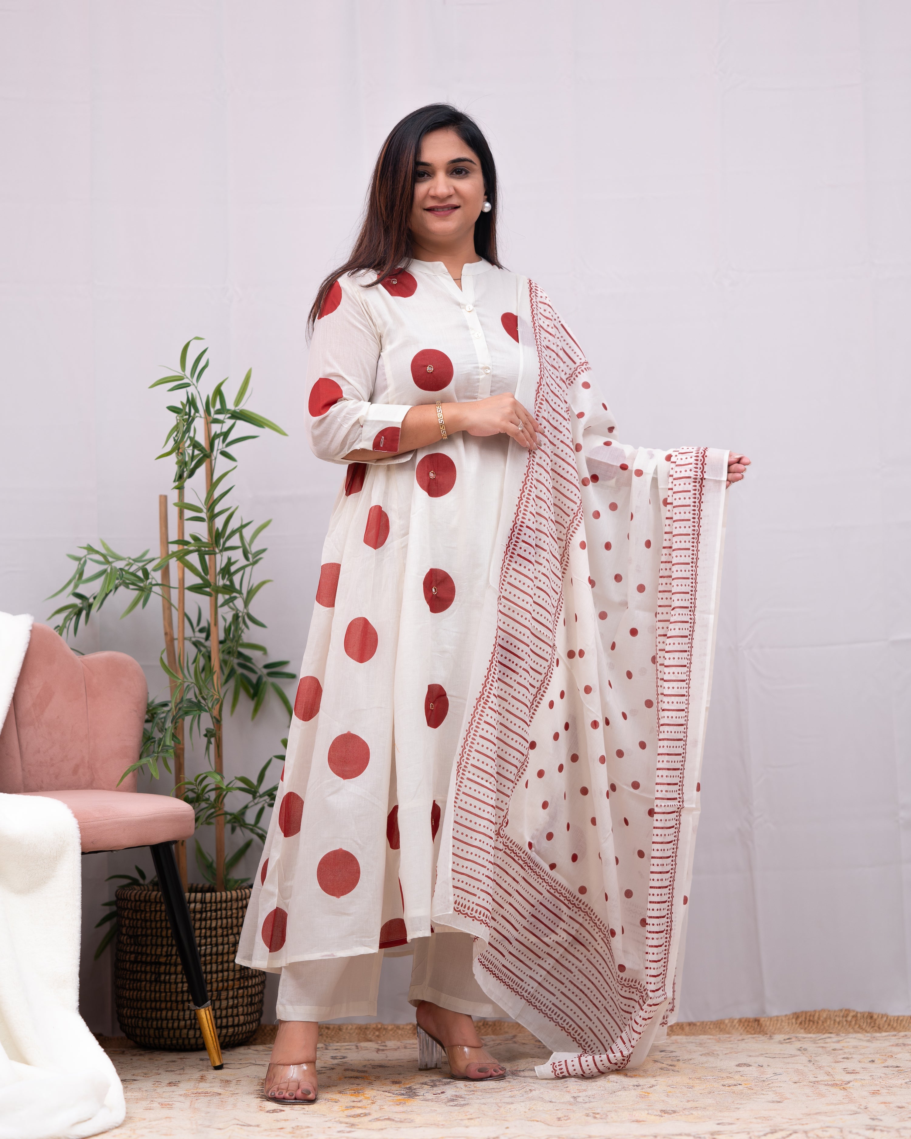 Razia Mul Cotton Polka Print Handwork Anarkali Pant Set - The Jaipur Studio