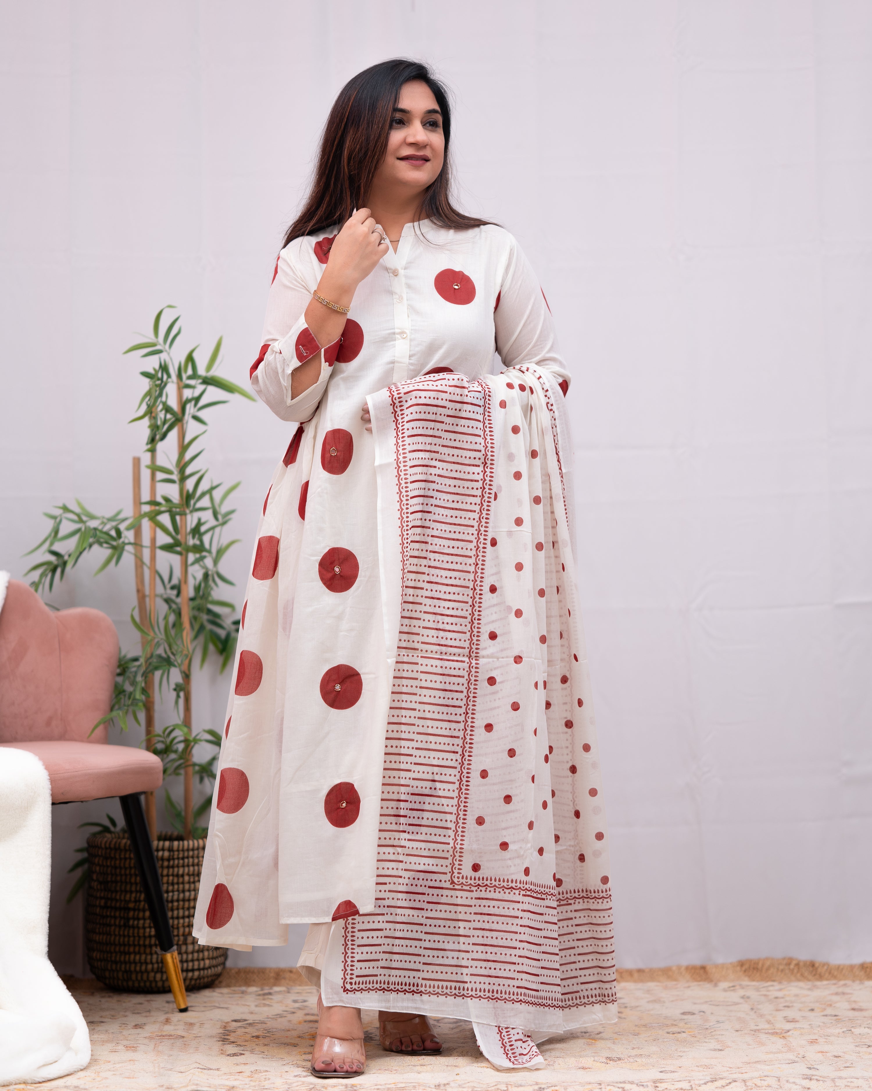 Razia Mul Cotton Polka Print Handwork Anarkali Pant Set - The Jaipur Studio