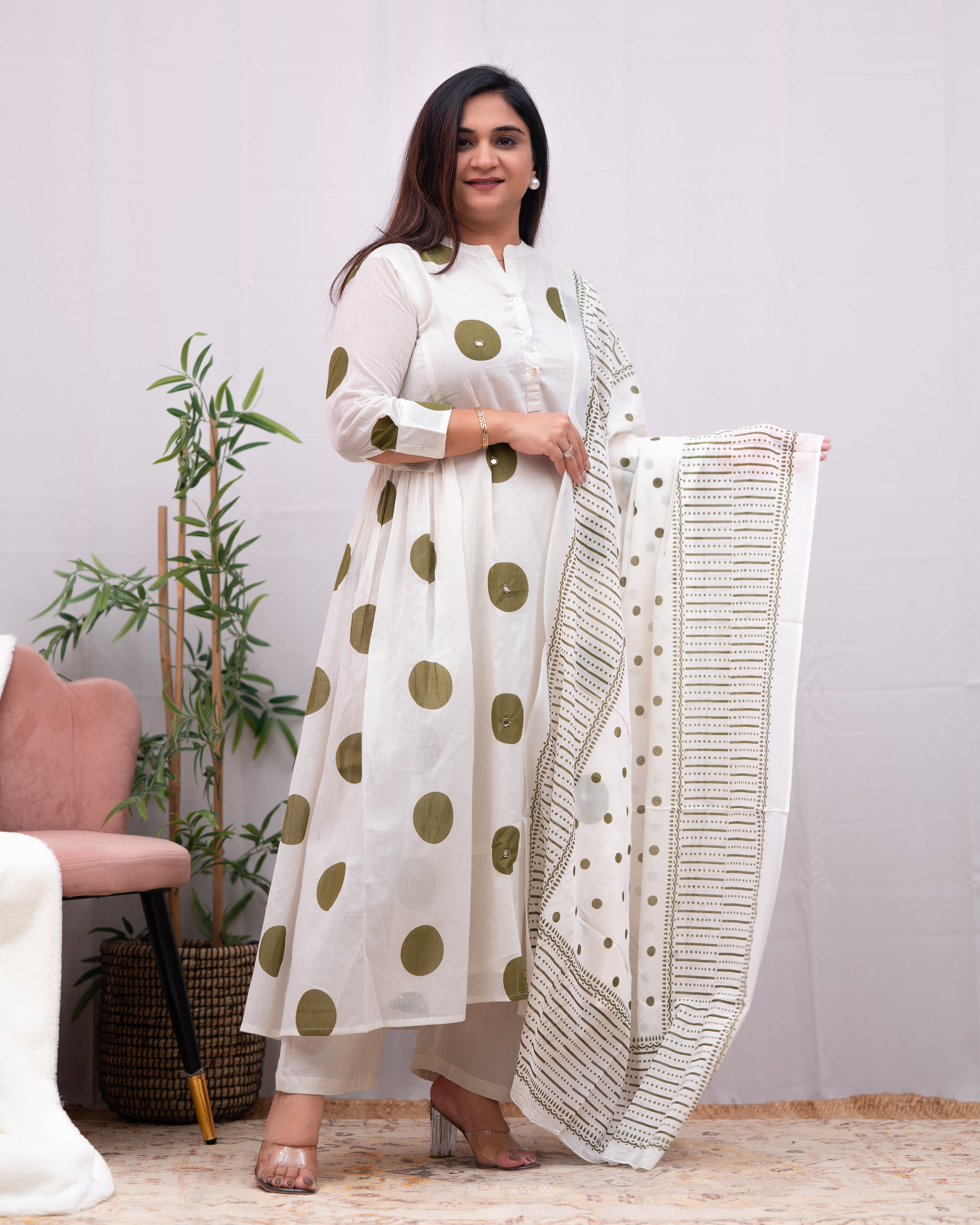 Razia Mul Cotton Polka Print Handwork Anarkali Pant Set - The Jaipur Studio