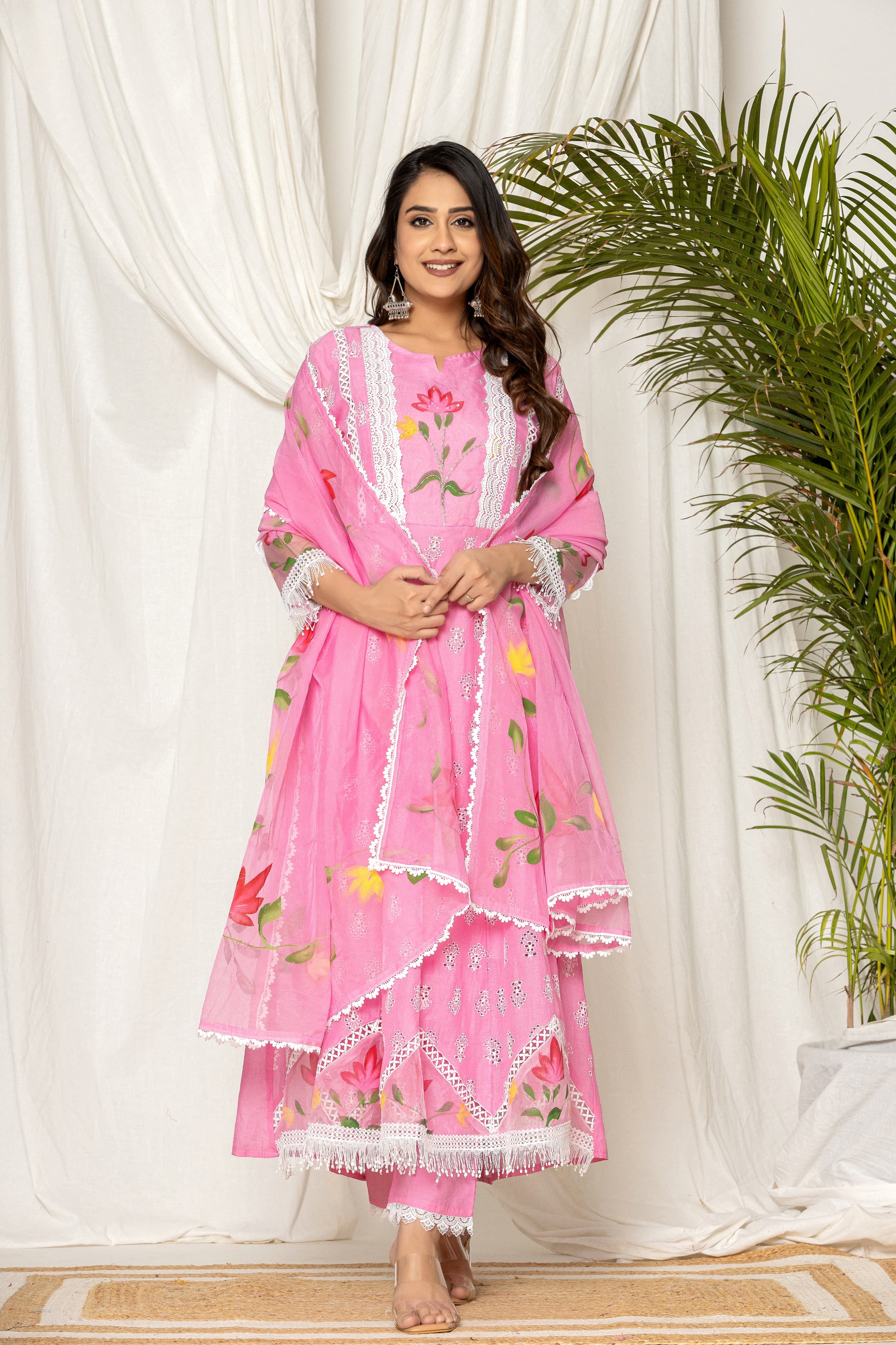 Adya Cotton Schiffli Hand Brush Painted Anarkali Set - The Jaipur Studio