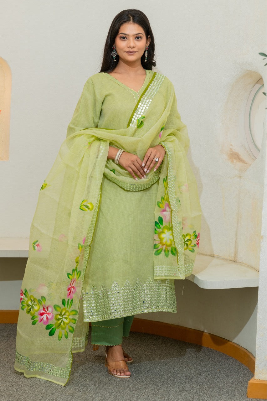 Kota Doria HandPainted Embroidered Pant Set - The Jaipur Studio