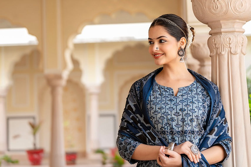 Anamika Cotton Ajrakh print Straight pant Set - The Jaipur Studio