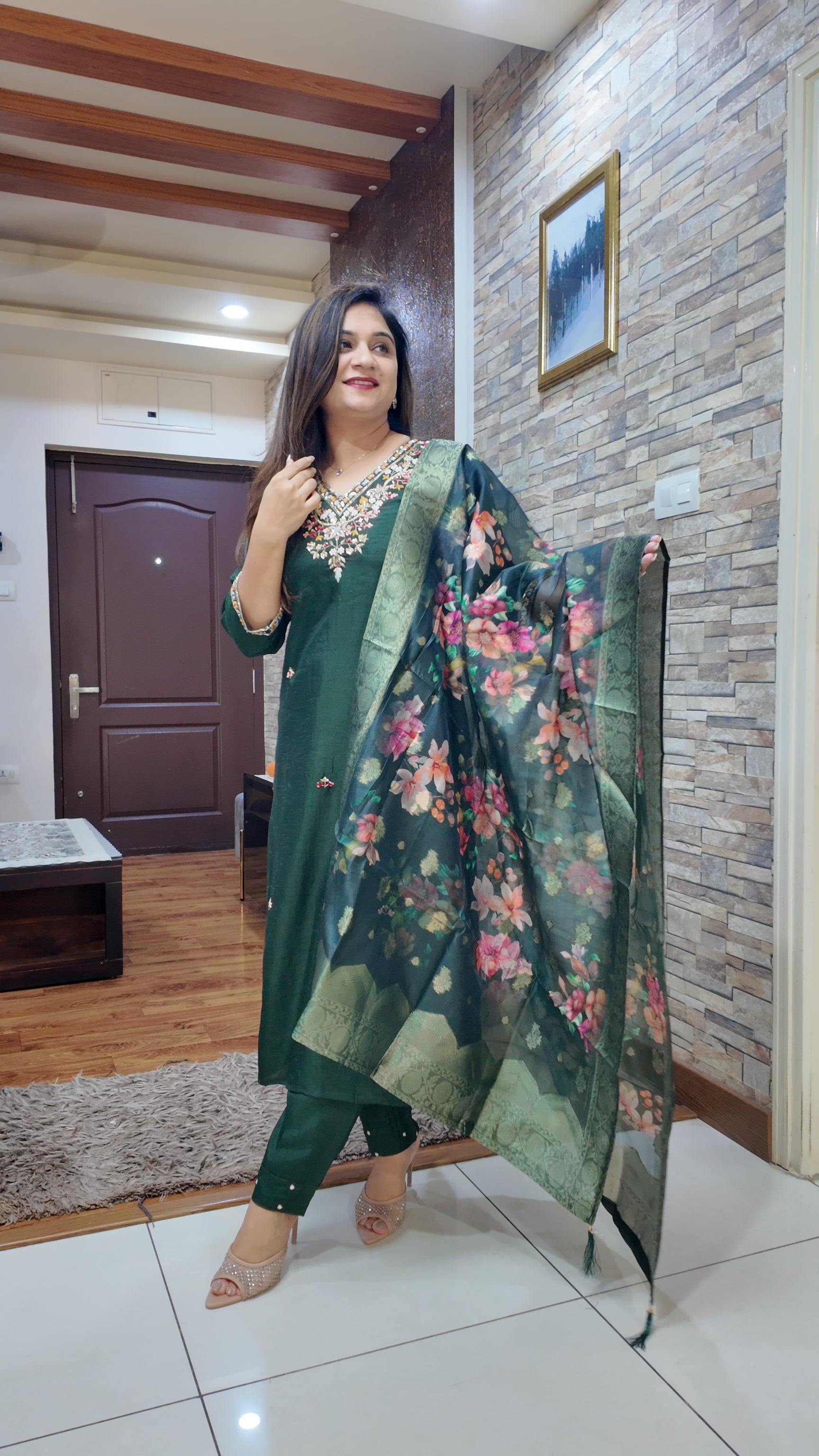 Green Silk Hand embroidered Pant Set - The Jaipur Studio