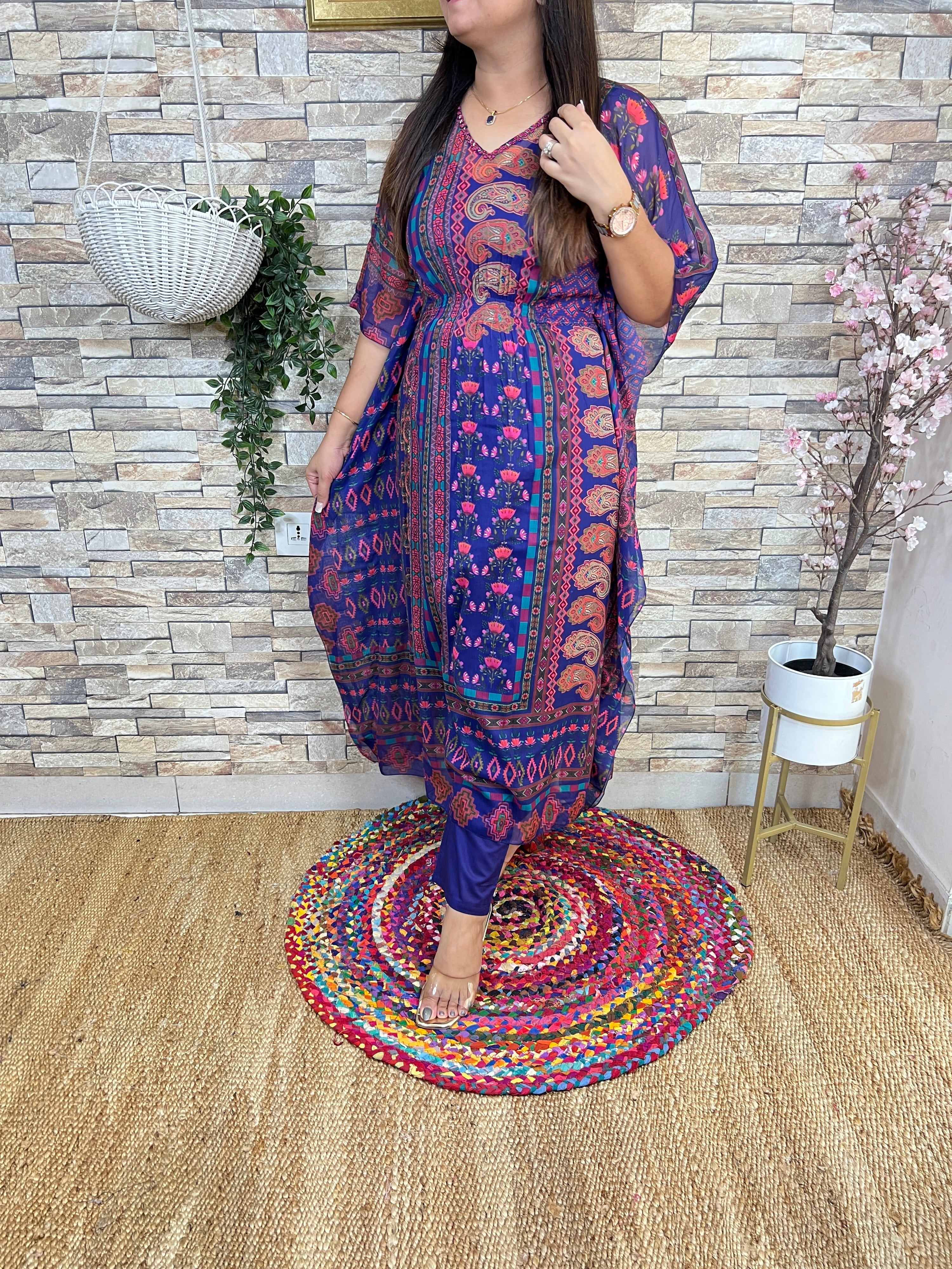Chiffon Printed Kaftaan Pant Set Blue - The Jaipur Studio