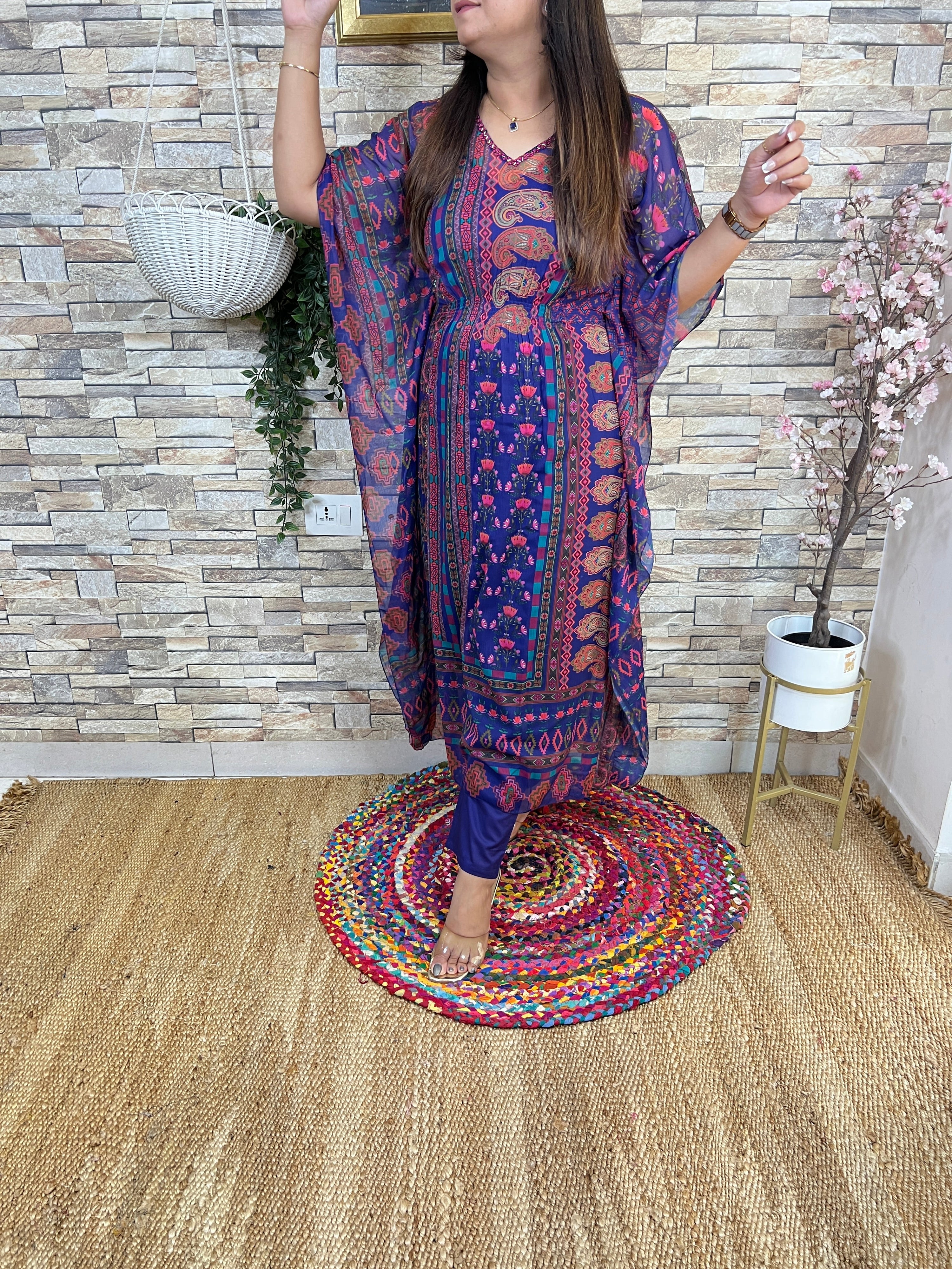 Chiffon Printed Kaftaan Pant Set Blue - The Jaipur Studio