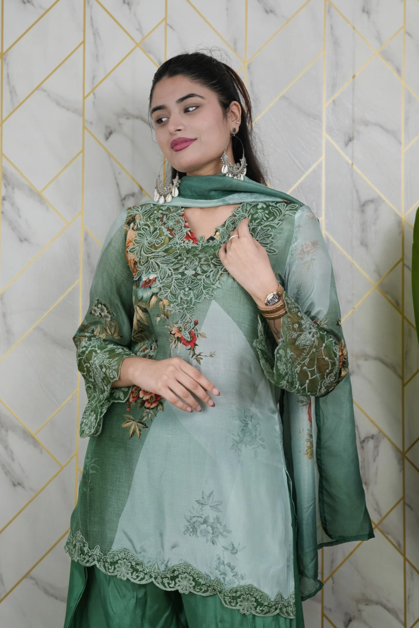Sara Green Premium Crepe Detailed Farshi Salwar Set - The Jaipur Studio