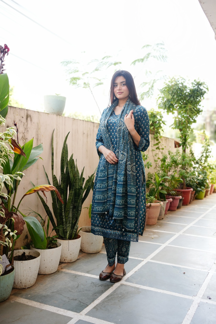 Dimpee Ajrakh Cotton HandEmbroidered Pant set - The Jaipur Studio
