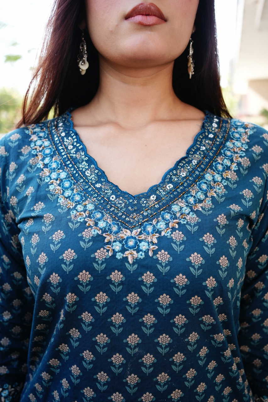 Dimpee Ajrakh Cotton HandEmbroidered Pant set - The Jaipur Studio