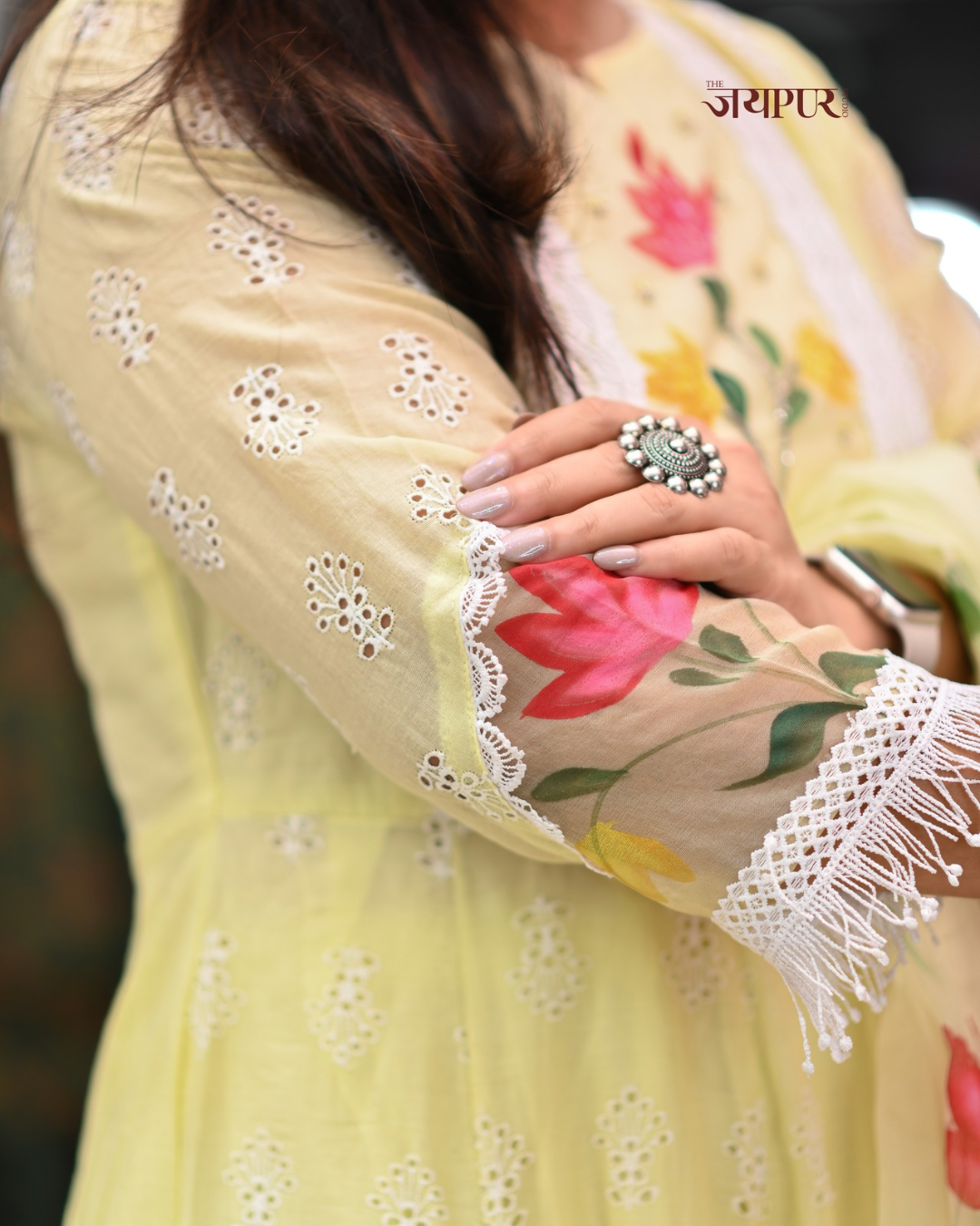 Adya Cotton Schiffli Hand Brush Painted Anarkali Set - The Jaipur Studio