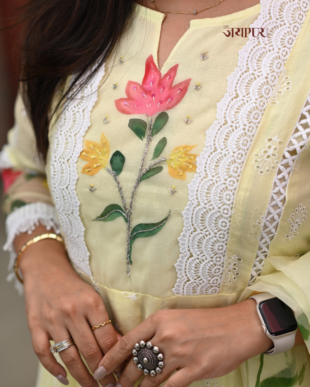 Adya Cotton Schiffli Hand Brush Painted Anarkali Set - The Jaipur Studio