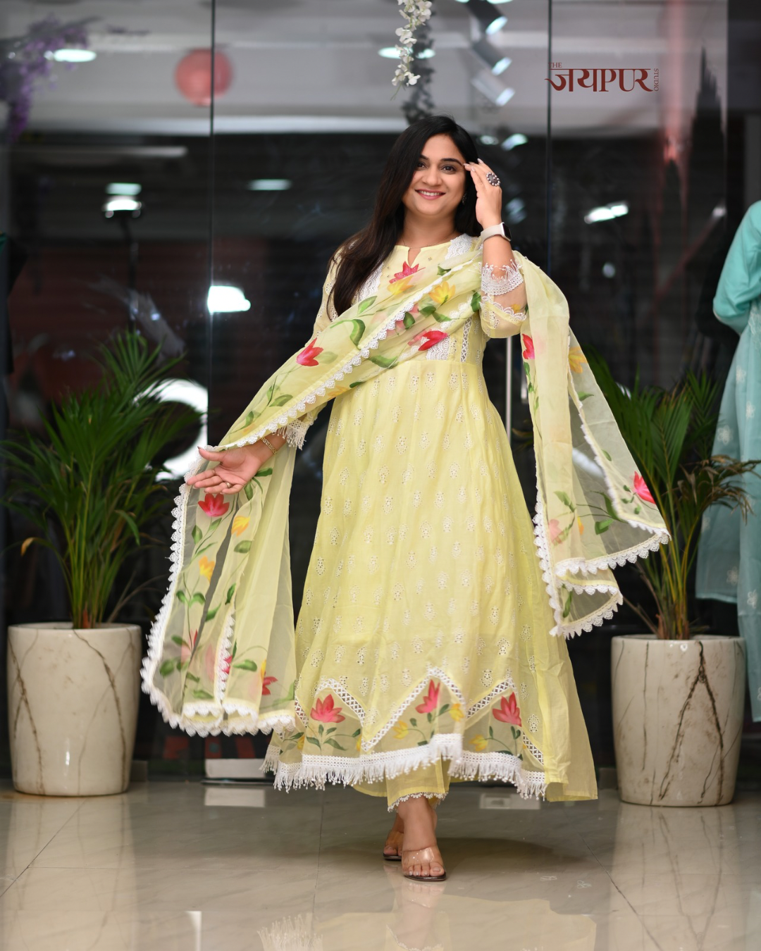 Adya Cotton Schiffli Hand Brush Painted Anarkali Set - The Jaipur Studio