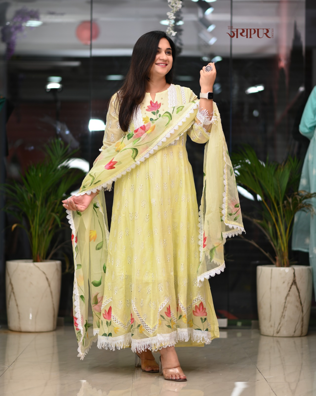 Adya Cotton Schiffli Hand Brush Painted Anarkali Set - The Jaipur Studio