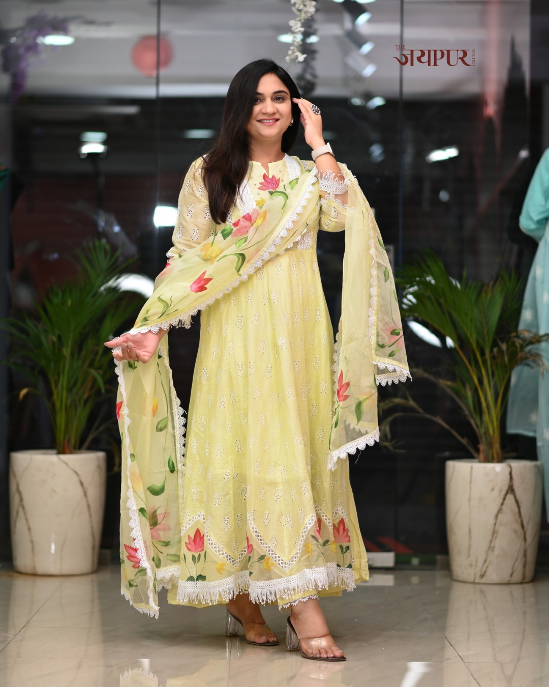 Adya Cotton Schiffli Hand Brush Painted Anarkali Set - The Jaipur Studio